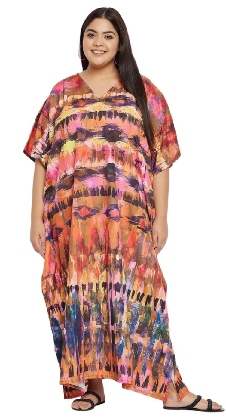 Multicolor Dye Watercolor Polyester Plus Size Kaftan for Women 1X-3X | GypsieBlu