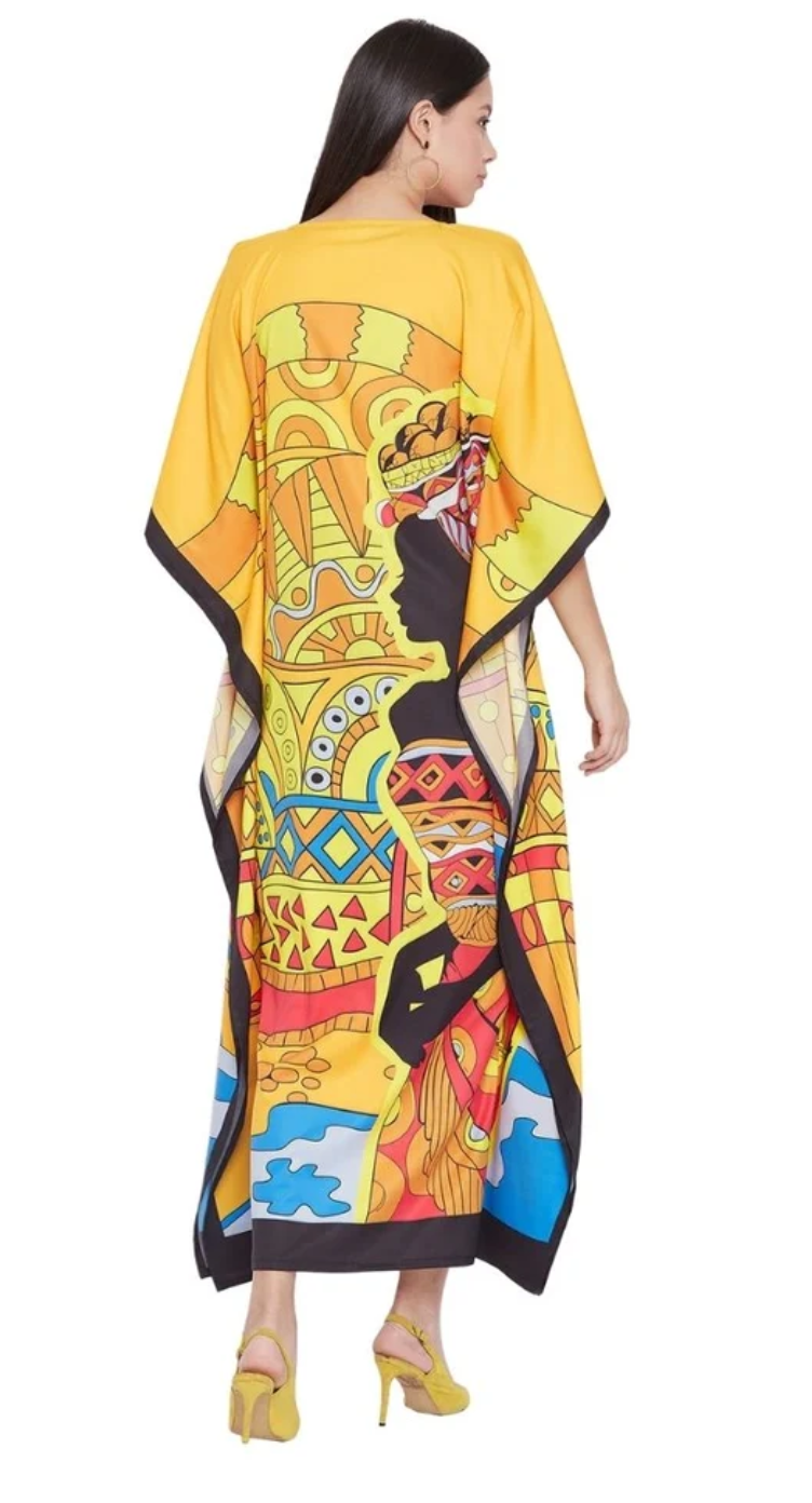 GypsieBlu Yellow & Multicolor Polyester Plus Size Kaftan for Women Kimono Sleeve 1X-3X - Abstract Tribal Scenic Motif Print