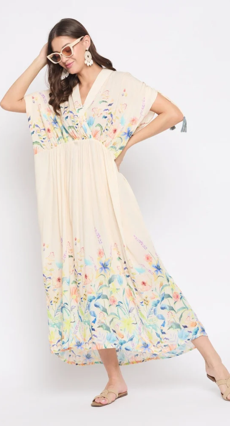 Beige Watercolor Wildflower Rayon Kaftan for Women S-XL | GypsieBlu