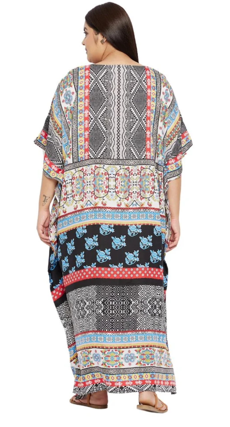 Floral Tribal Patchwork Polyester Plus Size Kaftan for Women 1X-3X | GypsieBlu