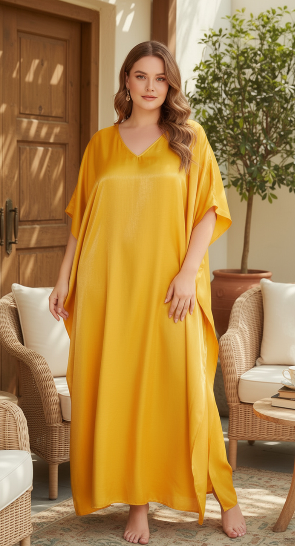 Pumpkin Yellow Satin Plus Size Kaftan Dress for Women 1X-3X 3/4 Sleeve V Neck | GypsieBlu