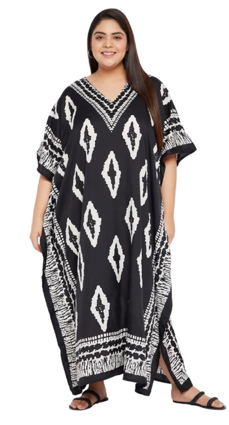 Black Ikat Diamond Polyester Plus Size Kaftan for Women 1X-3X V Neck | GypsieBlu