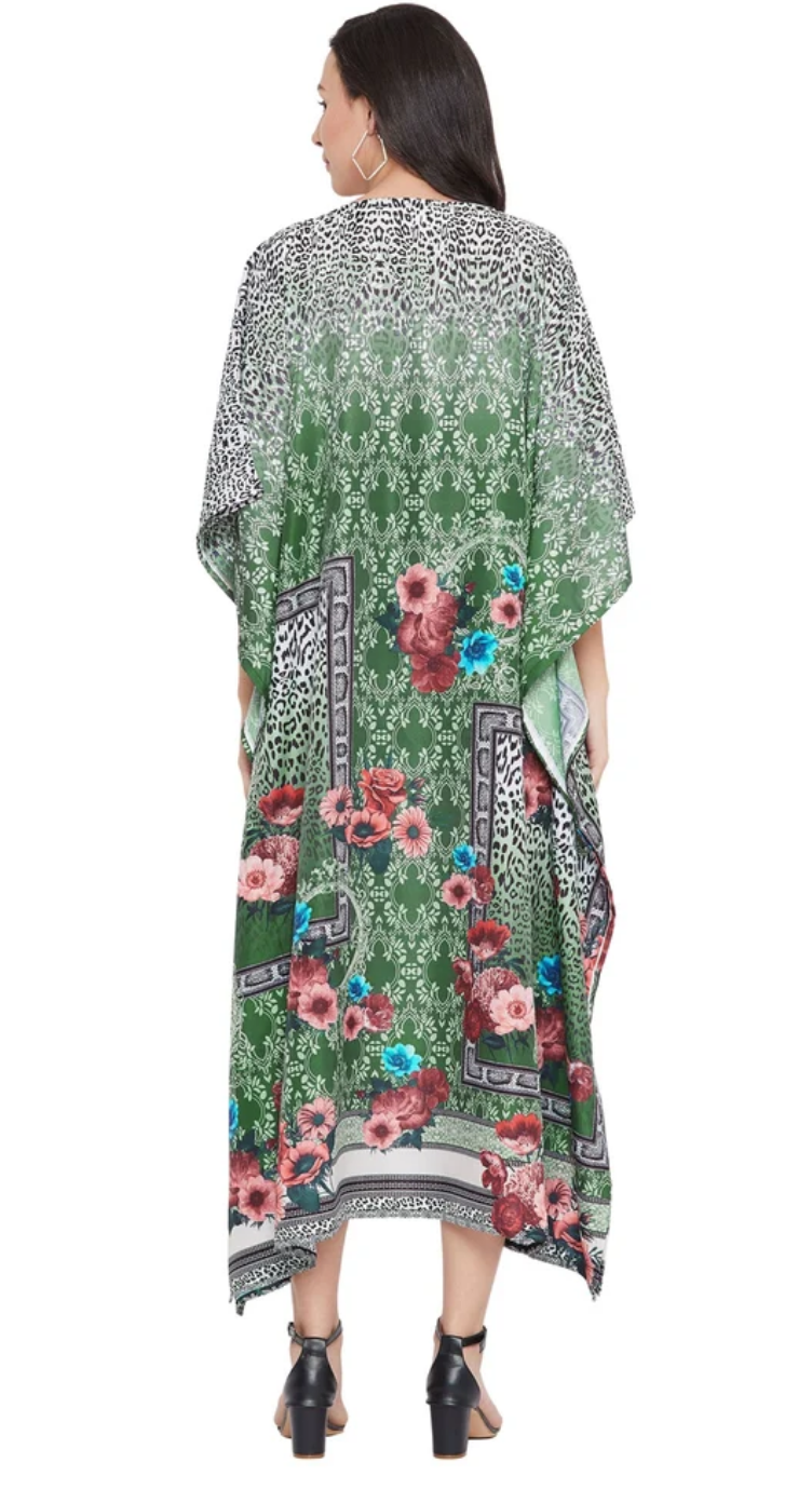 Green Floral Leopard Polyester Plus Size Kaftan for Women 1X-3X | GypsieBlu