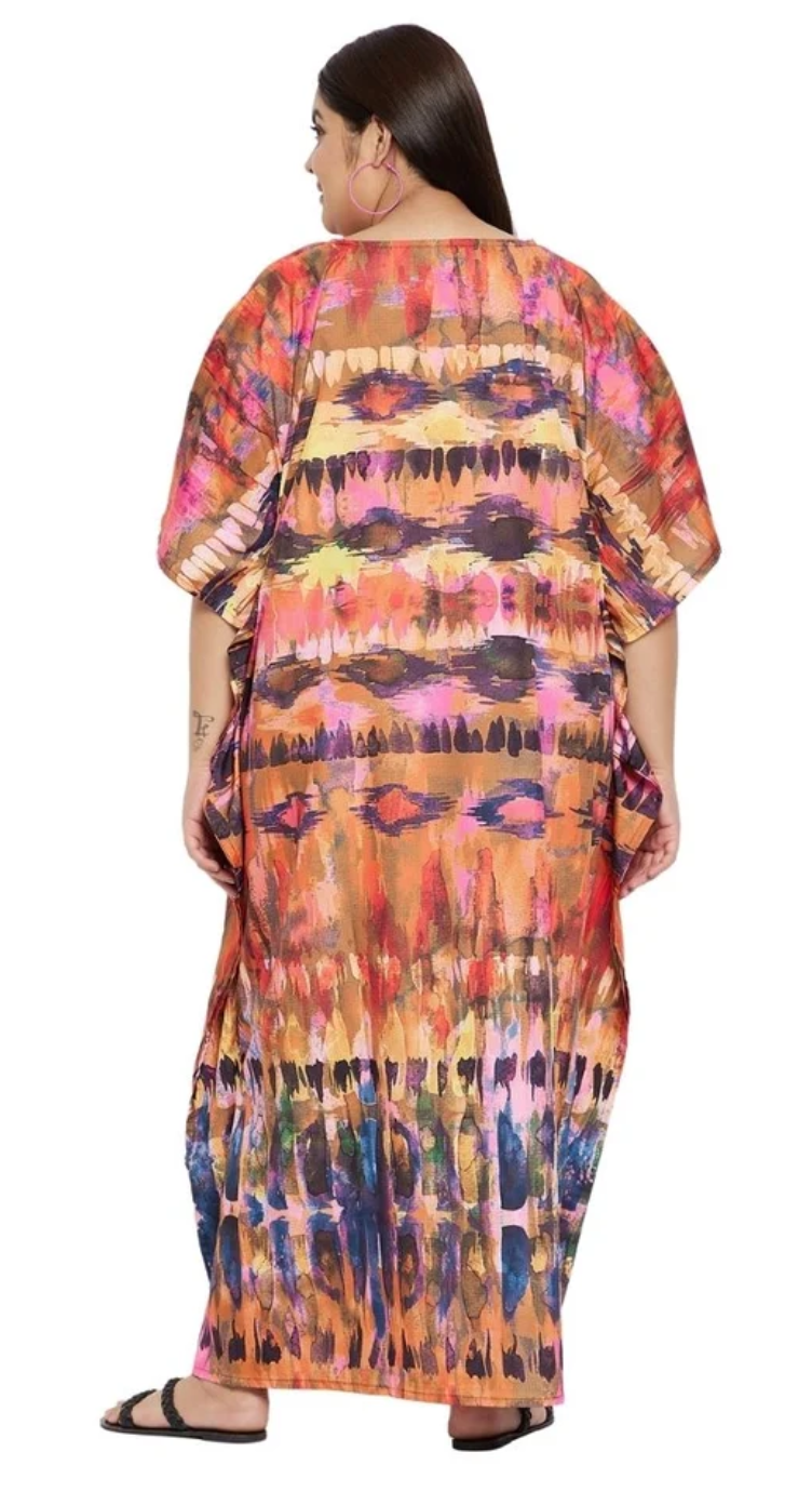 Multicolor Dye Watercolor Polyester Plus Size Kaftan for Women 1X-3X | GypsieBlu