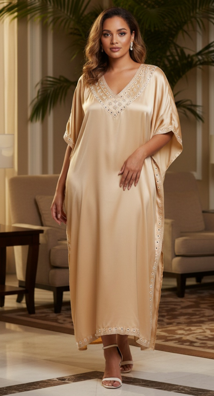 Solid Embroidery Apricot Tan Satin Kaftan For Plus Size Women