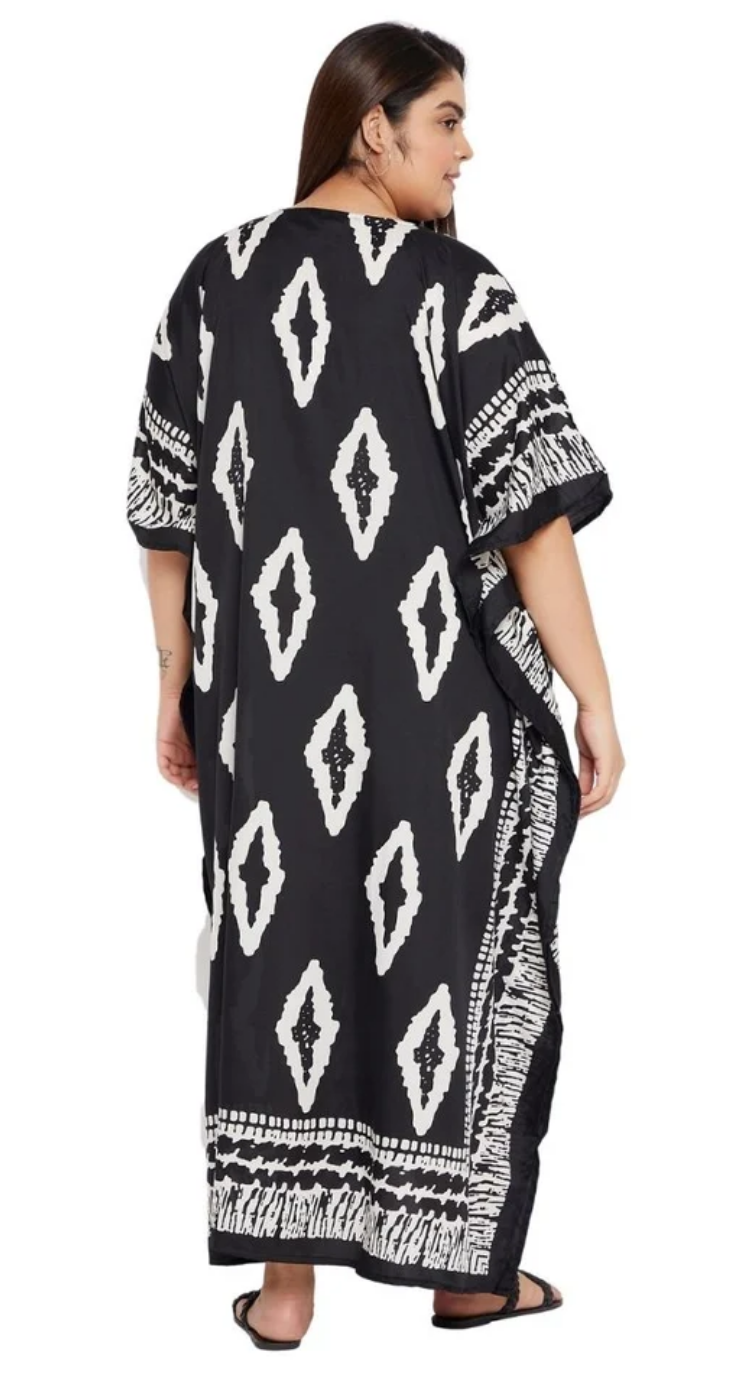 Black Ikat Diamond Polyester Plus Size Kaftan for Women 1X-3X V Neck | GypsieBlu