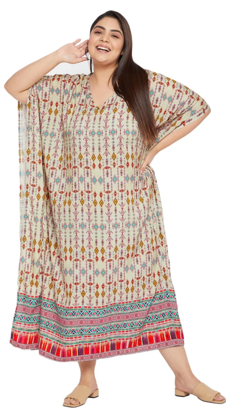 GypsieBlu Beige Rayon Plus Size Kaftan for Women Kimono Sleeve 1X-3X - Tribal Diamond Ombre Border Print