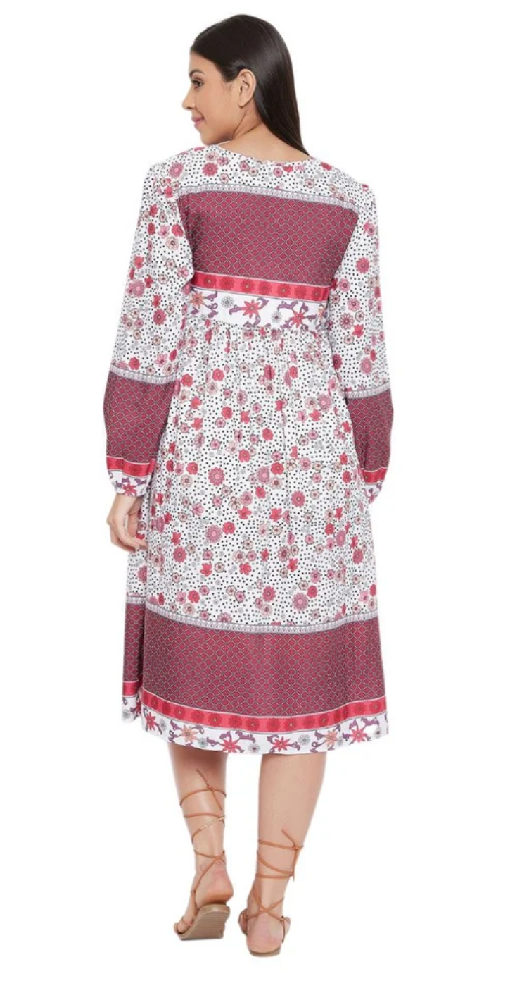 White & Red Floral Cotton Dress for Women S Long Sleeve | GypsieBlu