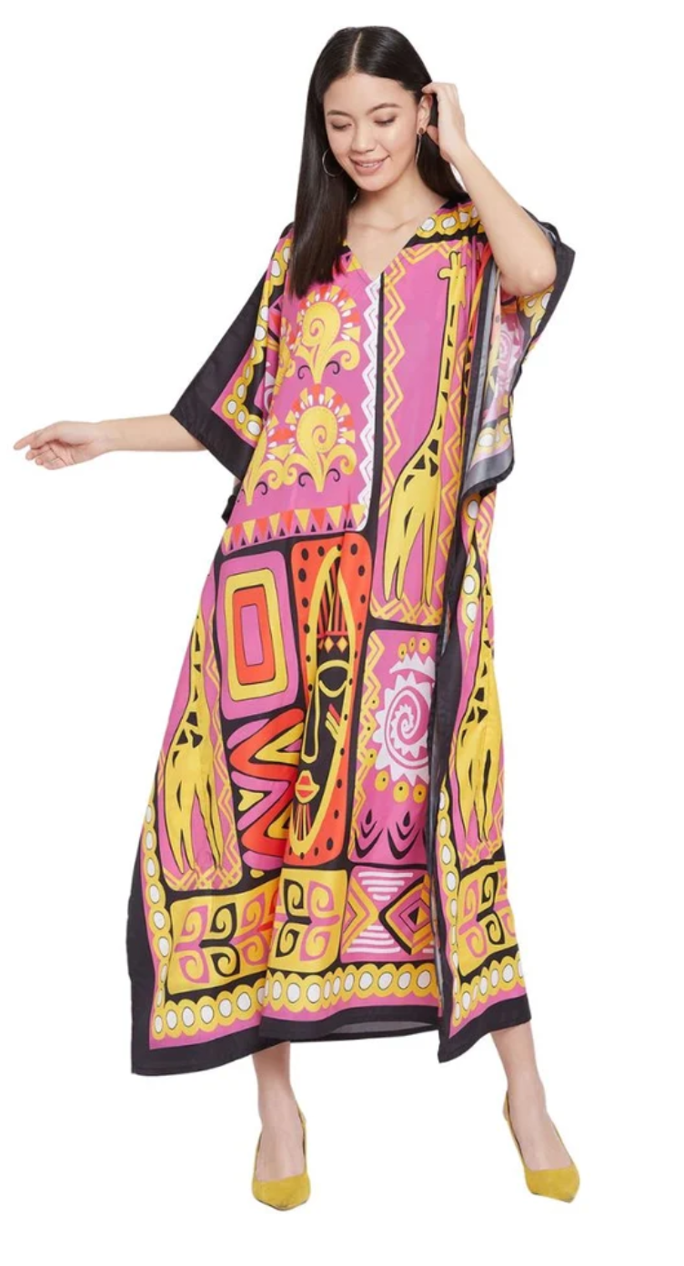 GypsieBlu Pink & Yellow Polyester Plus Size Kaftan for Women Kimono Sleeve 1X-3X - Giraffe Tribal Geometric Motif Print