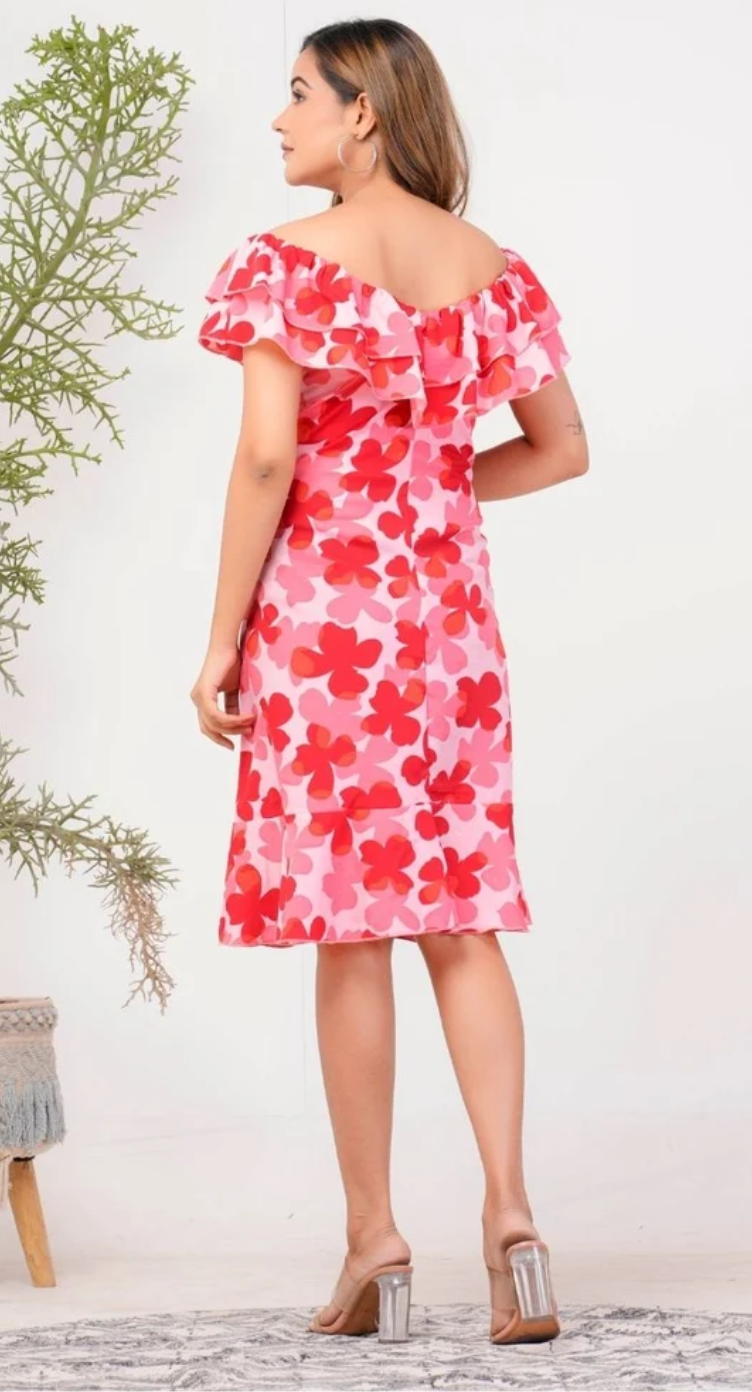 Red Floral Polyester Dress for Women S-XL Short Sleeve Round Neck | GypsieBlu