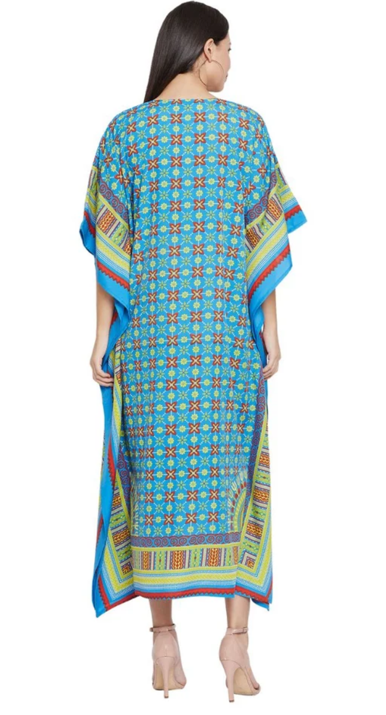 Turquoise Dashiki Medallion Polyester Plus Size Kaftan for Women 1X-3X | GypsieBlu