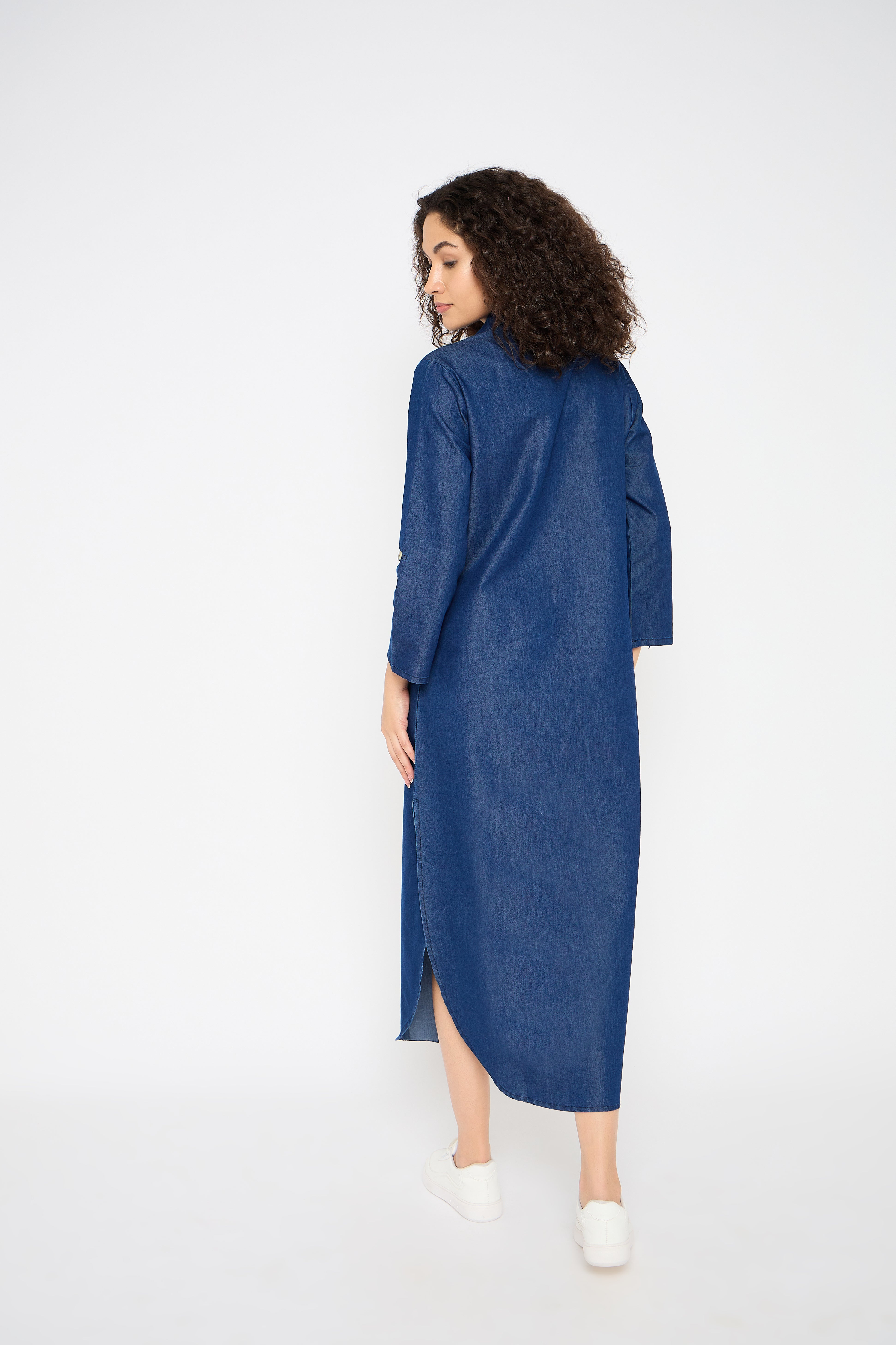 Blue Denim Maxi Shirt Dress Button Down Side Split Party Dresses With Pockets