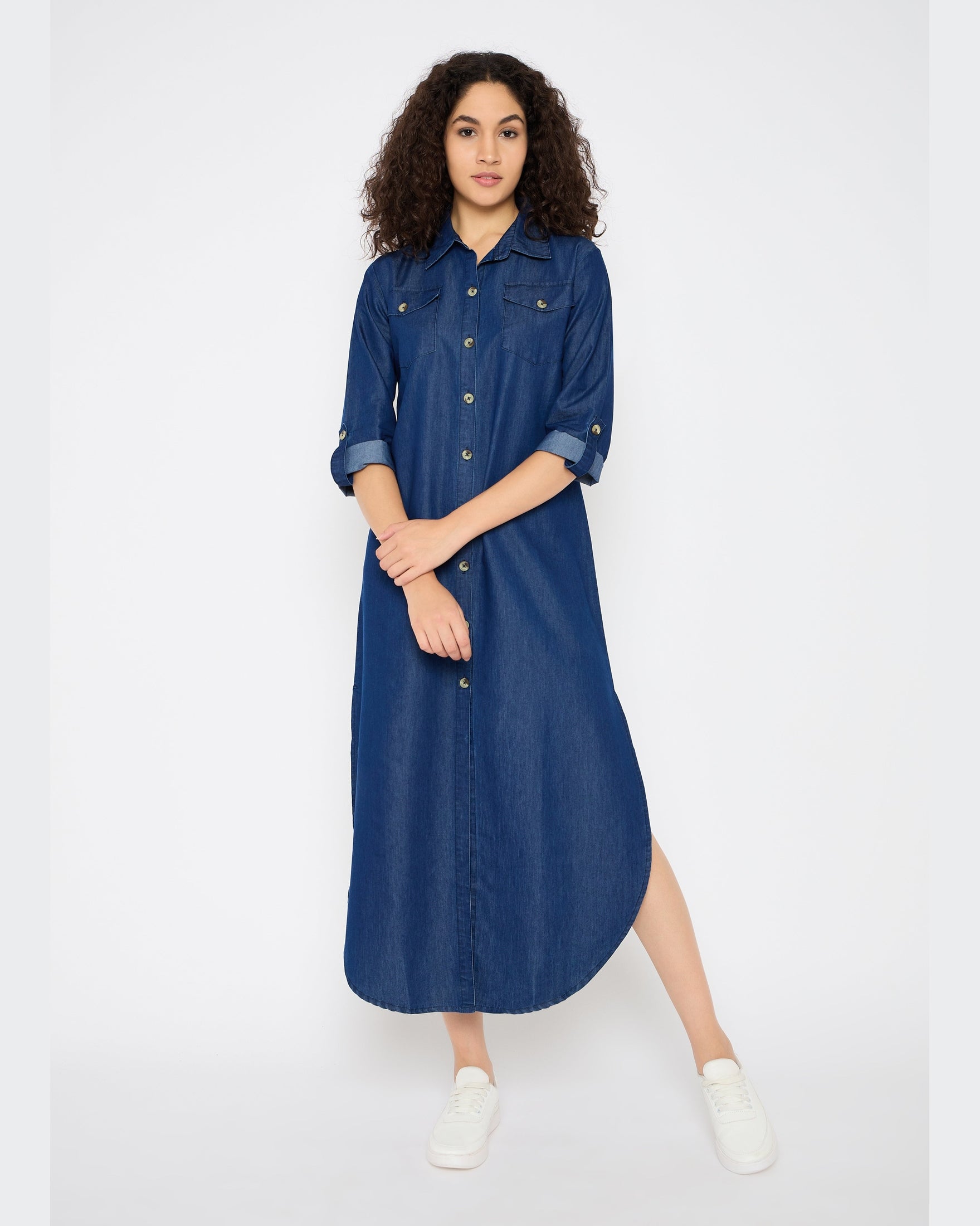 Blue Denim Maxi Shirt Dress Button Down Side Split Party Dresses With Pockets