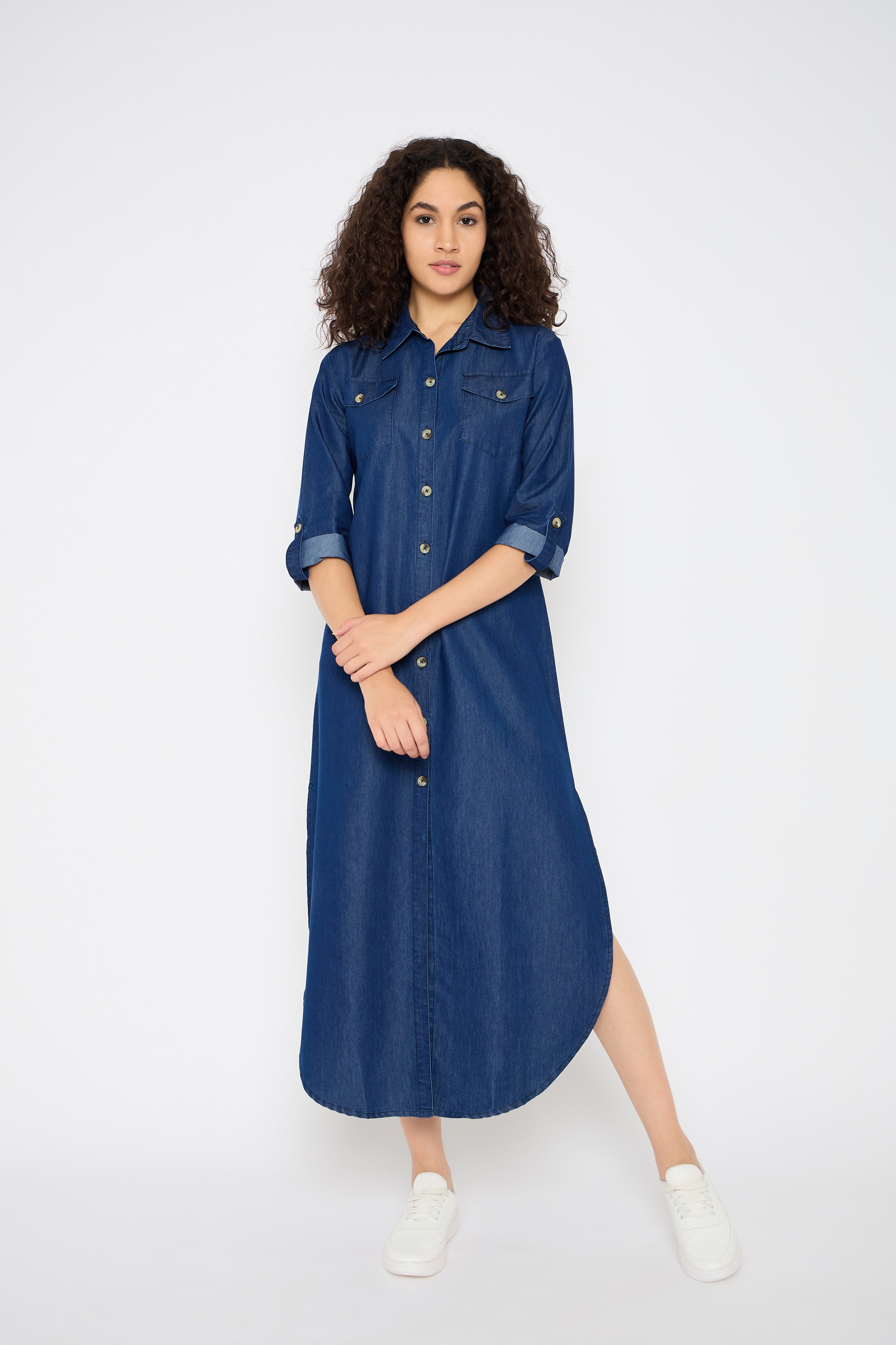 Blue Denim Maxi Shirt Dress Button Down Side Split Party Dresses With Pockets