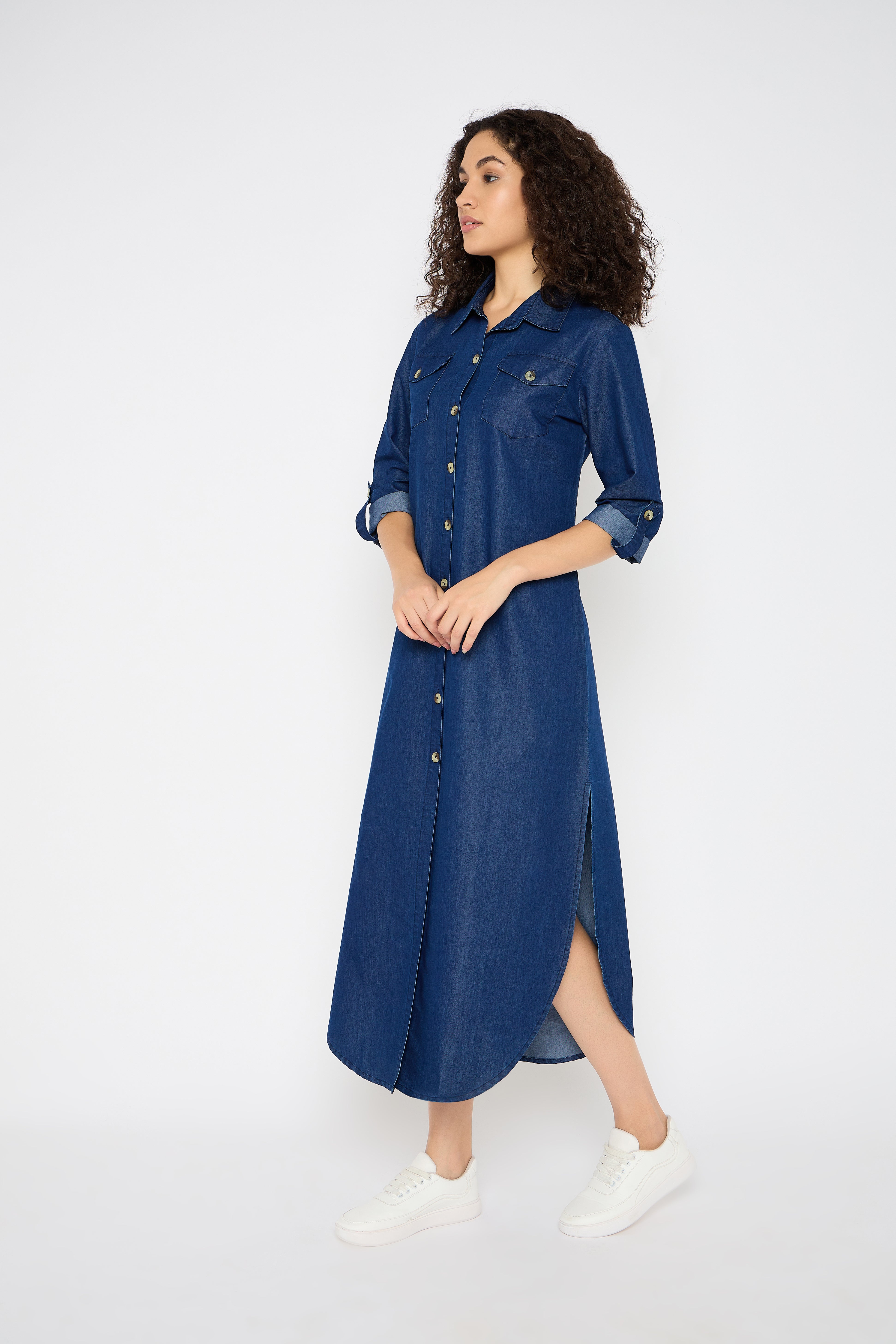 Blue Denim Maxi Shirt Dress Button Down Side Split Party Dresses With Pockets