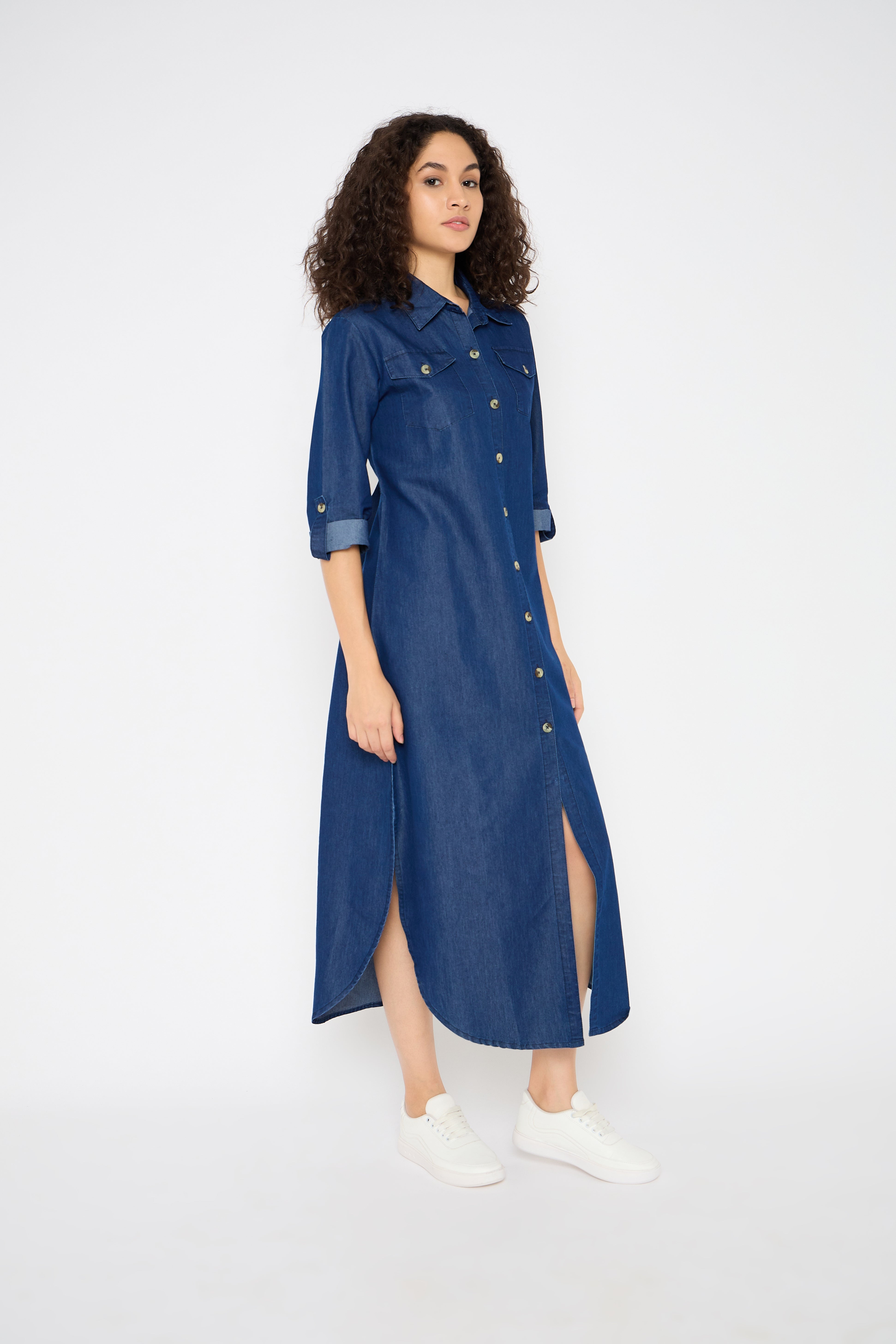 Blue Denim Maxi Shirt Dress Button Down Side Split Party Dresses With Pockets