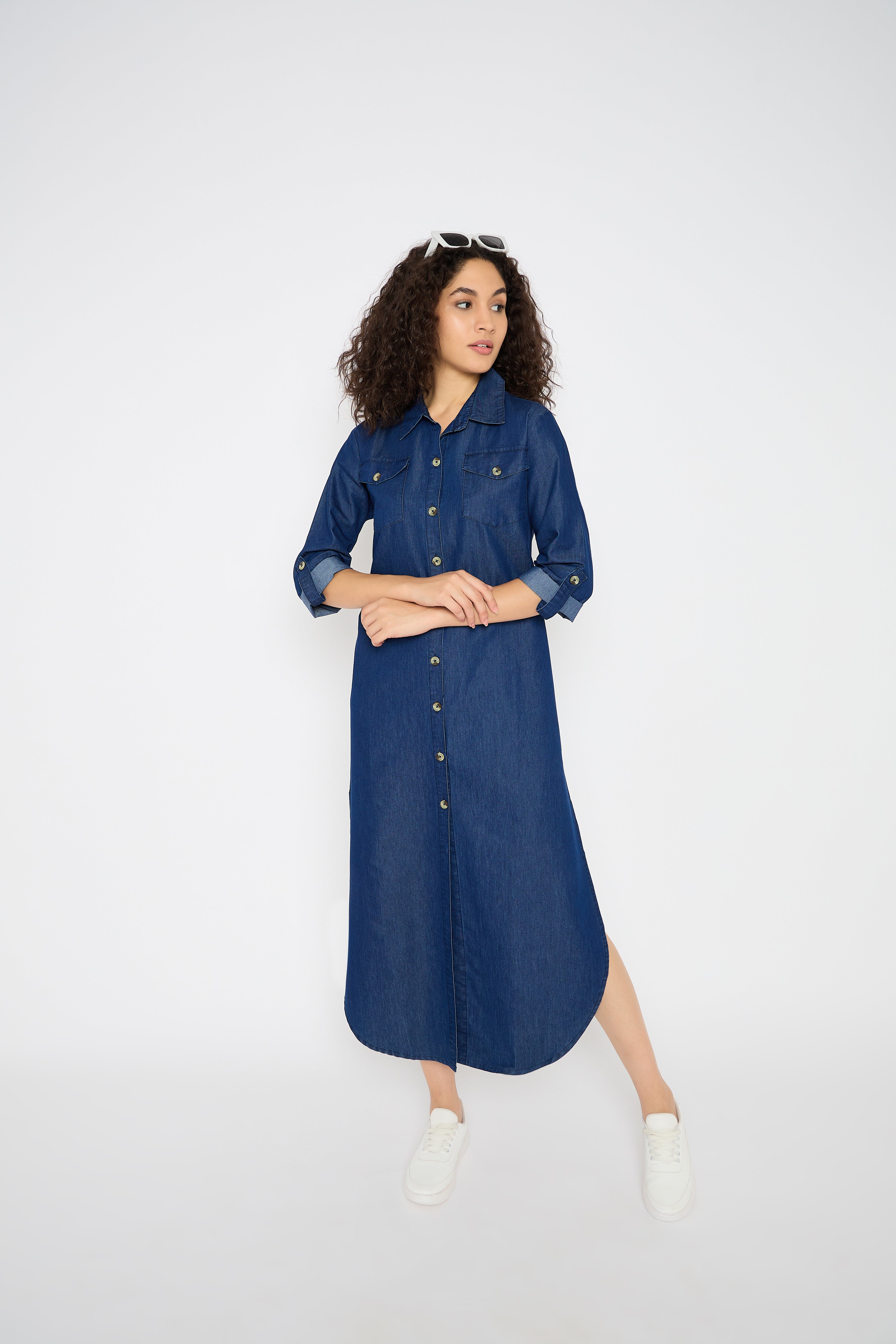 Blue Denim Maxi Shirt Dress Button Down Side Split Party Dresses With Pockets