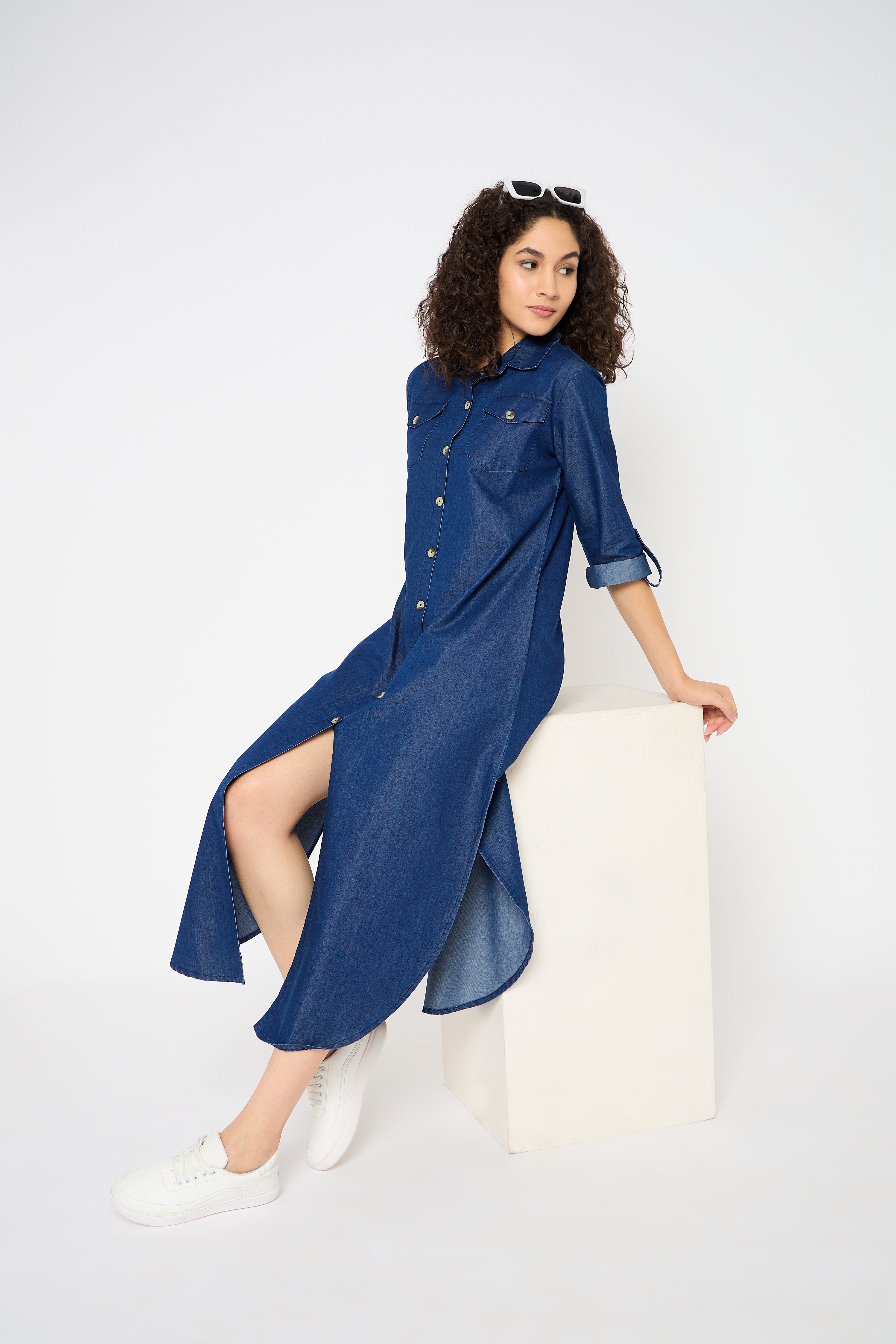 Blue Denim Maxi Shirt Dress Button Down Side Split Party Dresses With Pockets