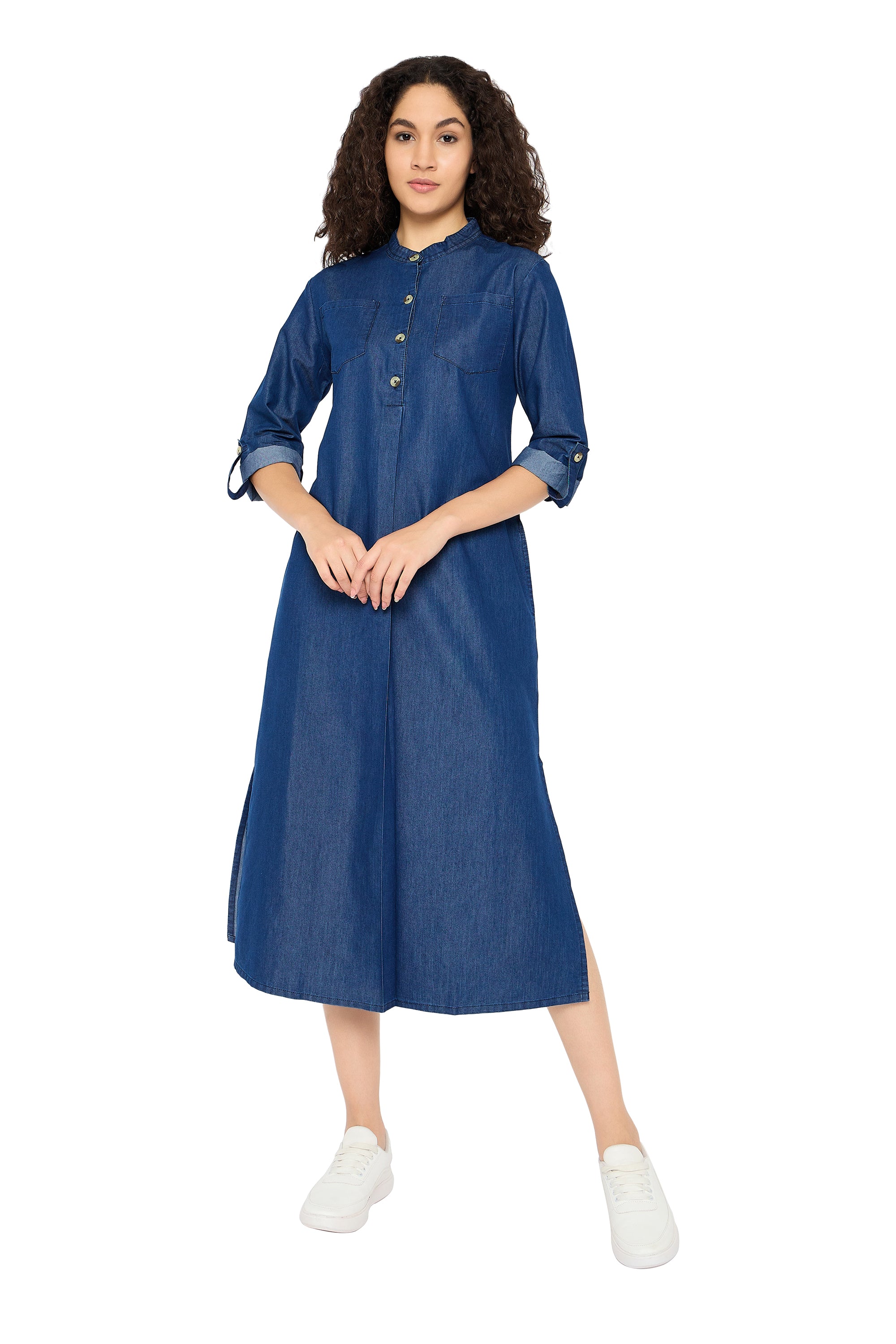 Blue Denim Women Round Neck Denim Dress with Pockets