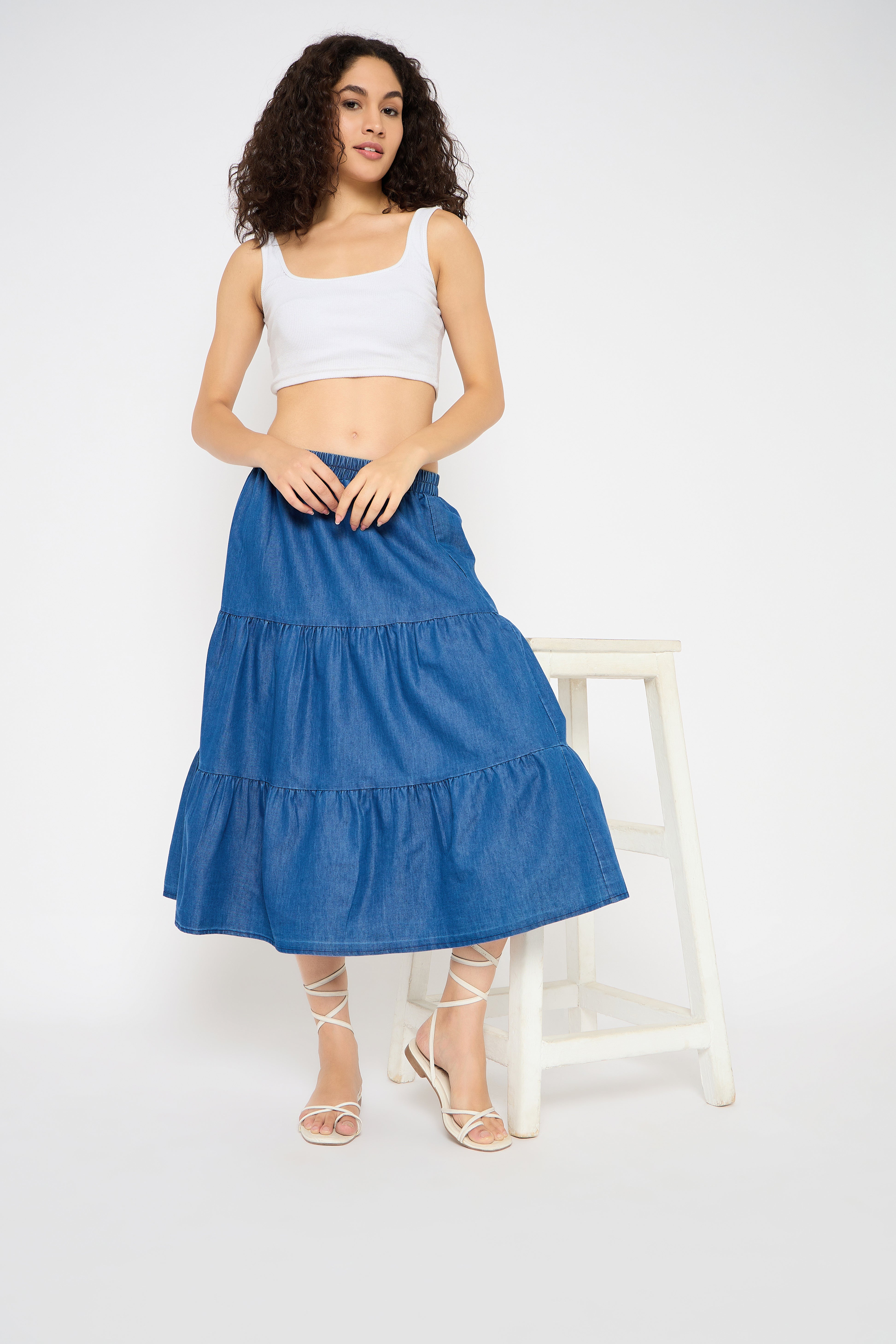 Blue Denim A Line Midi Skirts for Women