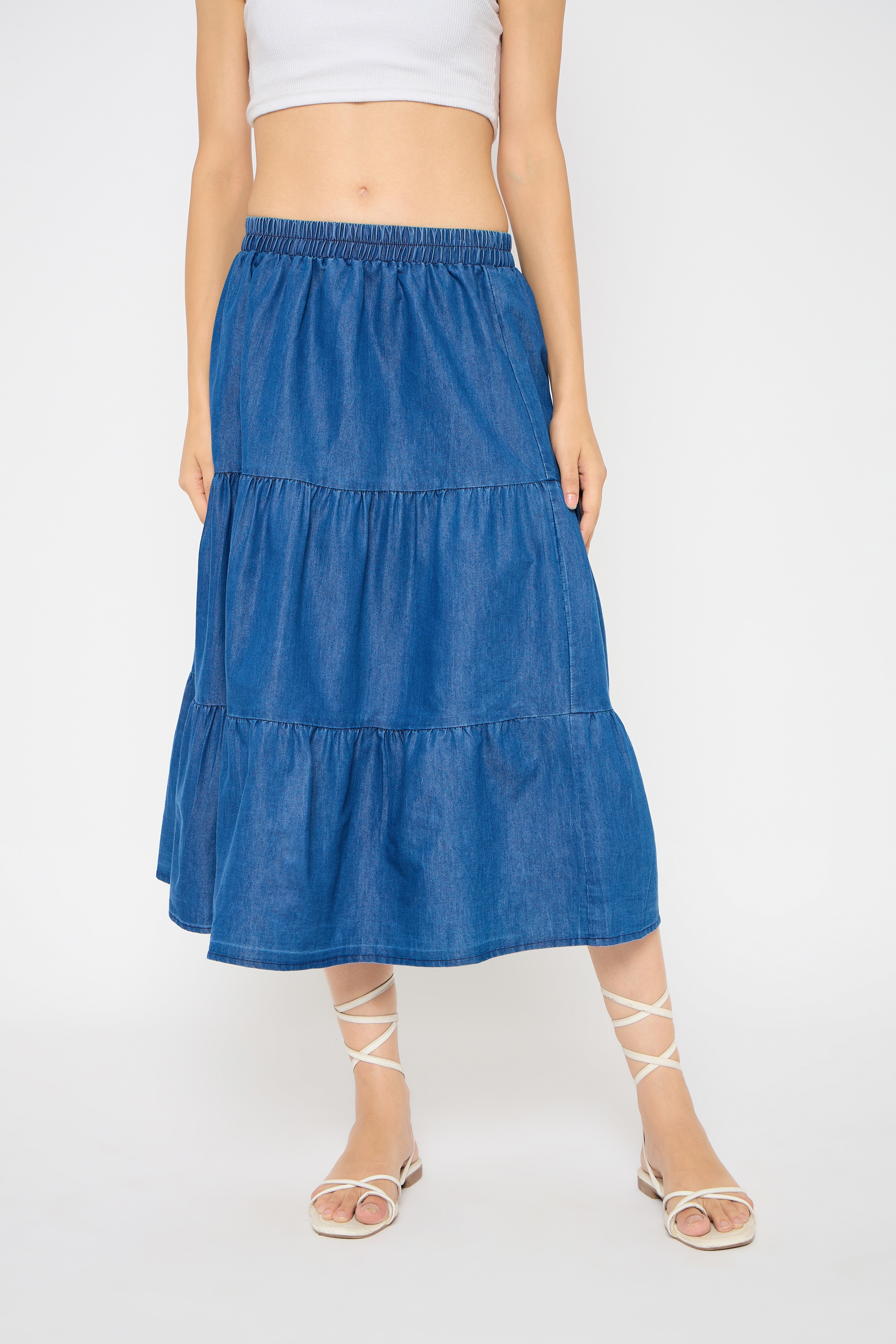 Blue Denim A Line Midi Skirts for Women