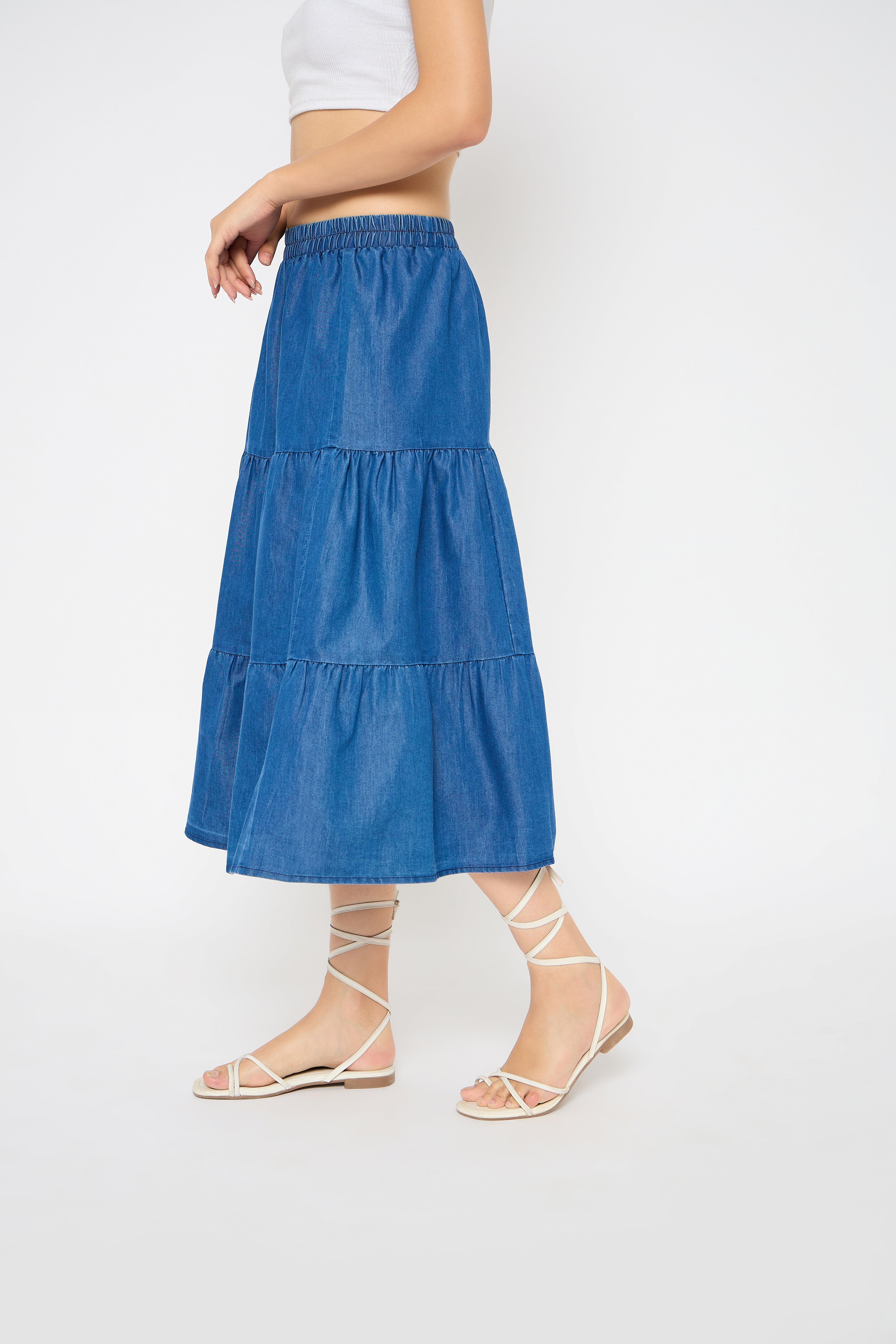 Blue Denim A Line Midi Skirts for Women