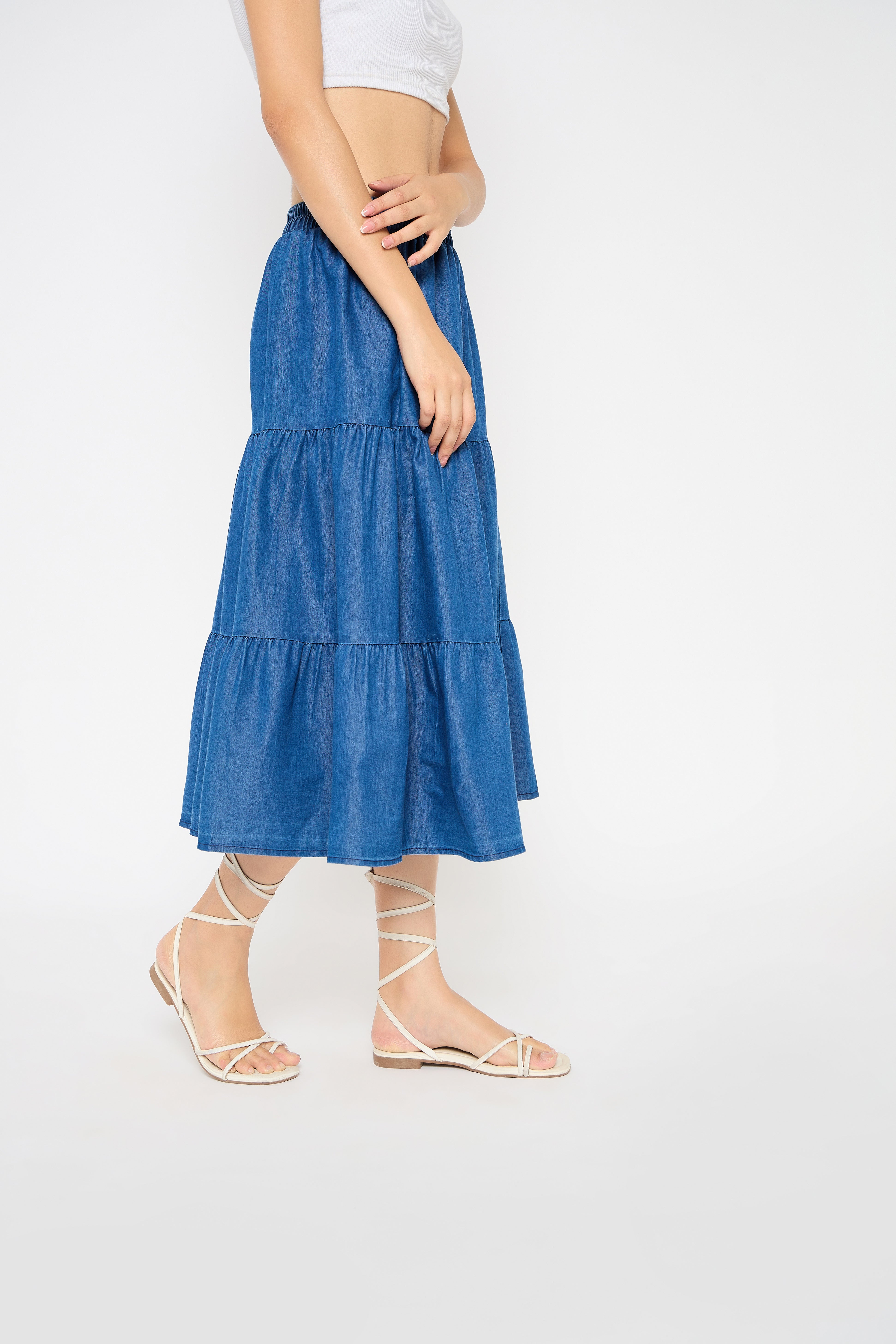 Blue Denim A Line Midi Skirts for Women