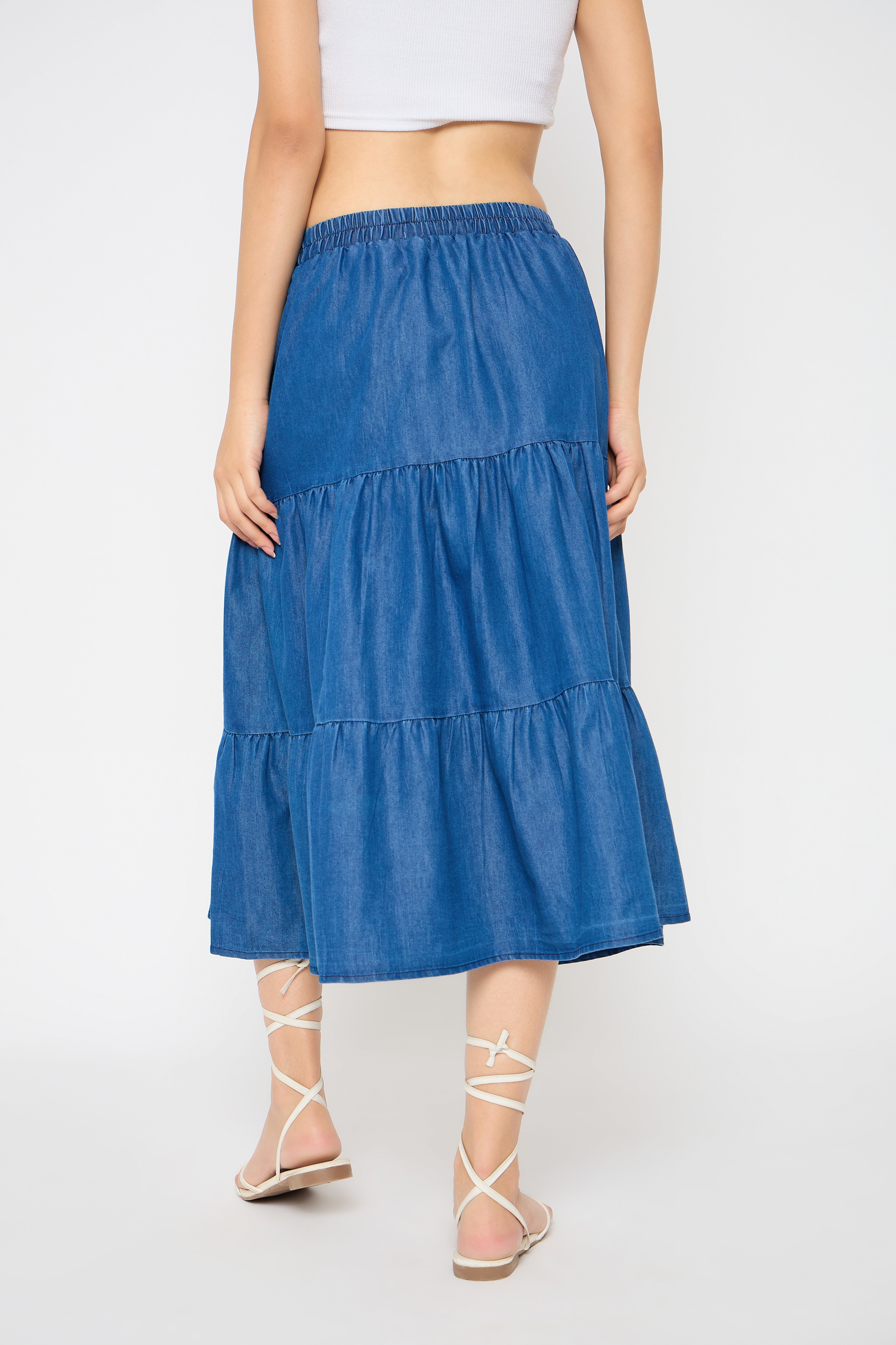 Blue Denim A Line Midi Skirts for Women