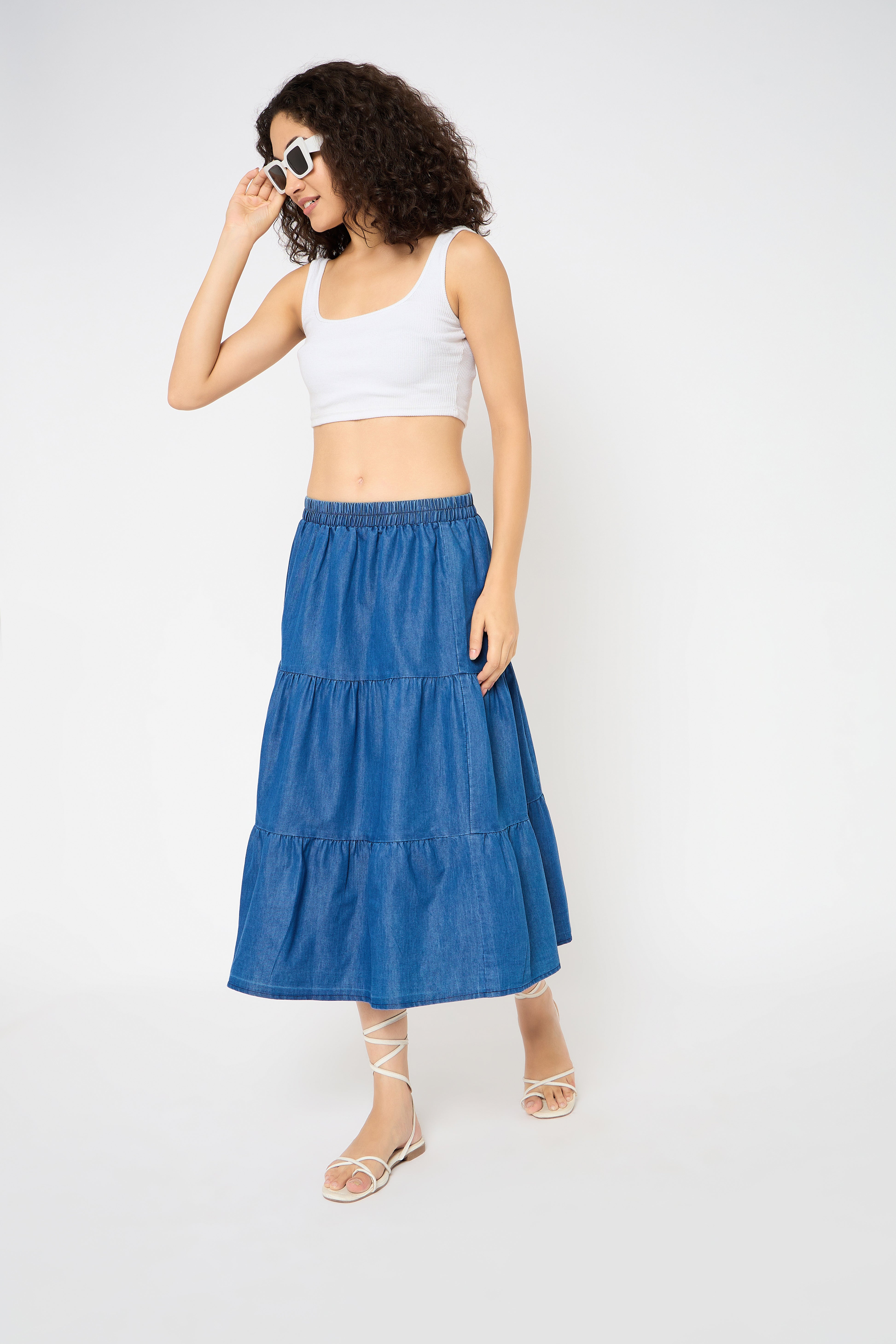 Blue Denim A Line Midi Skirts for Women