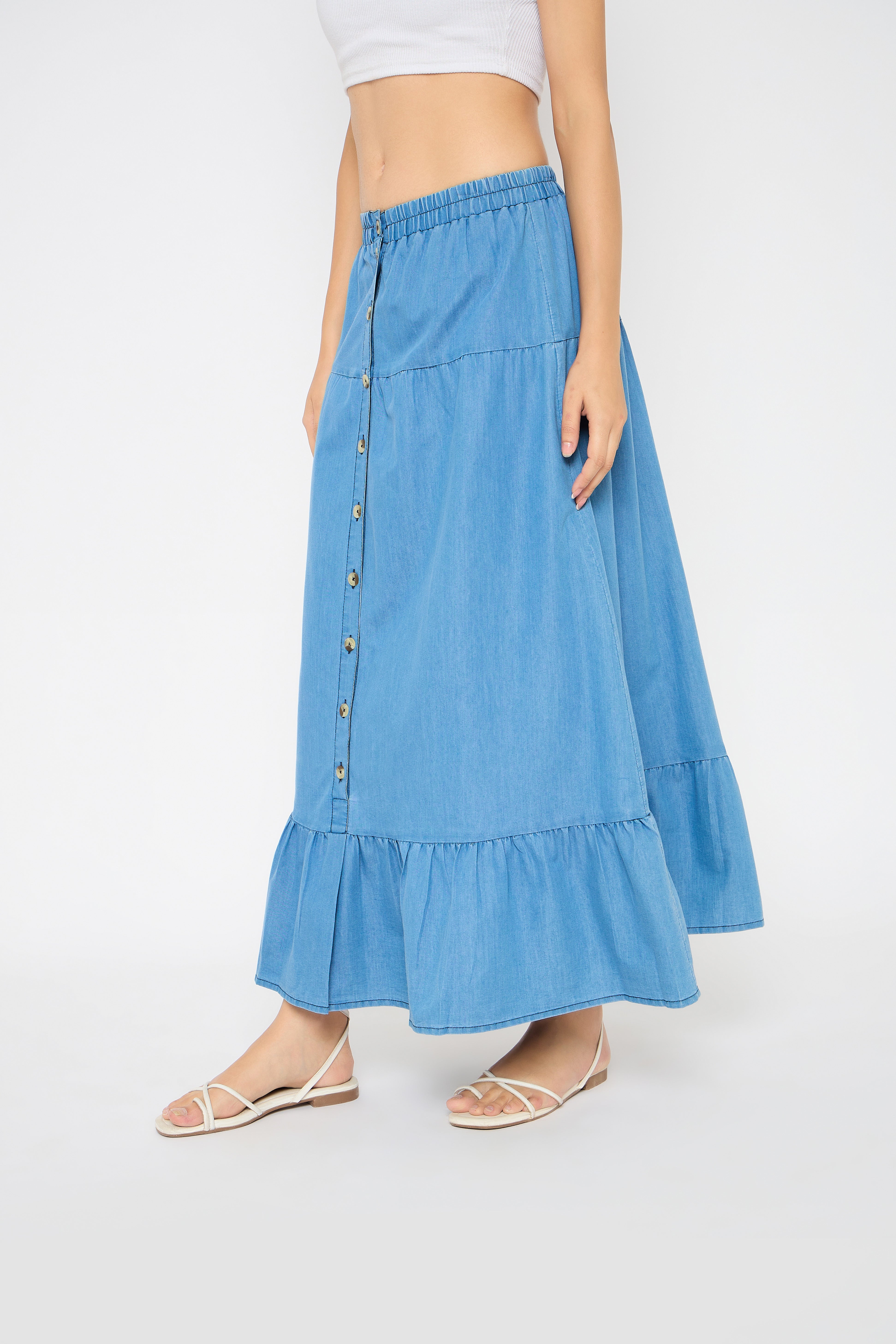 Sky Blue Elastic Waist Denim Long Skirt for Women