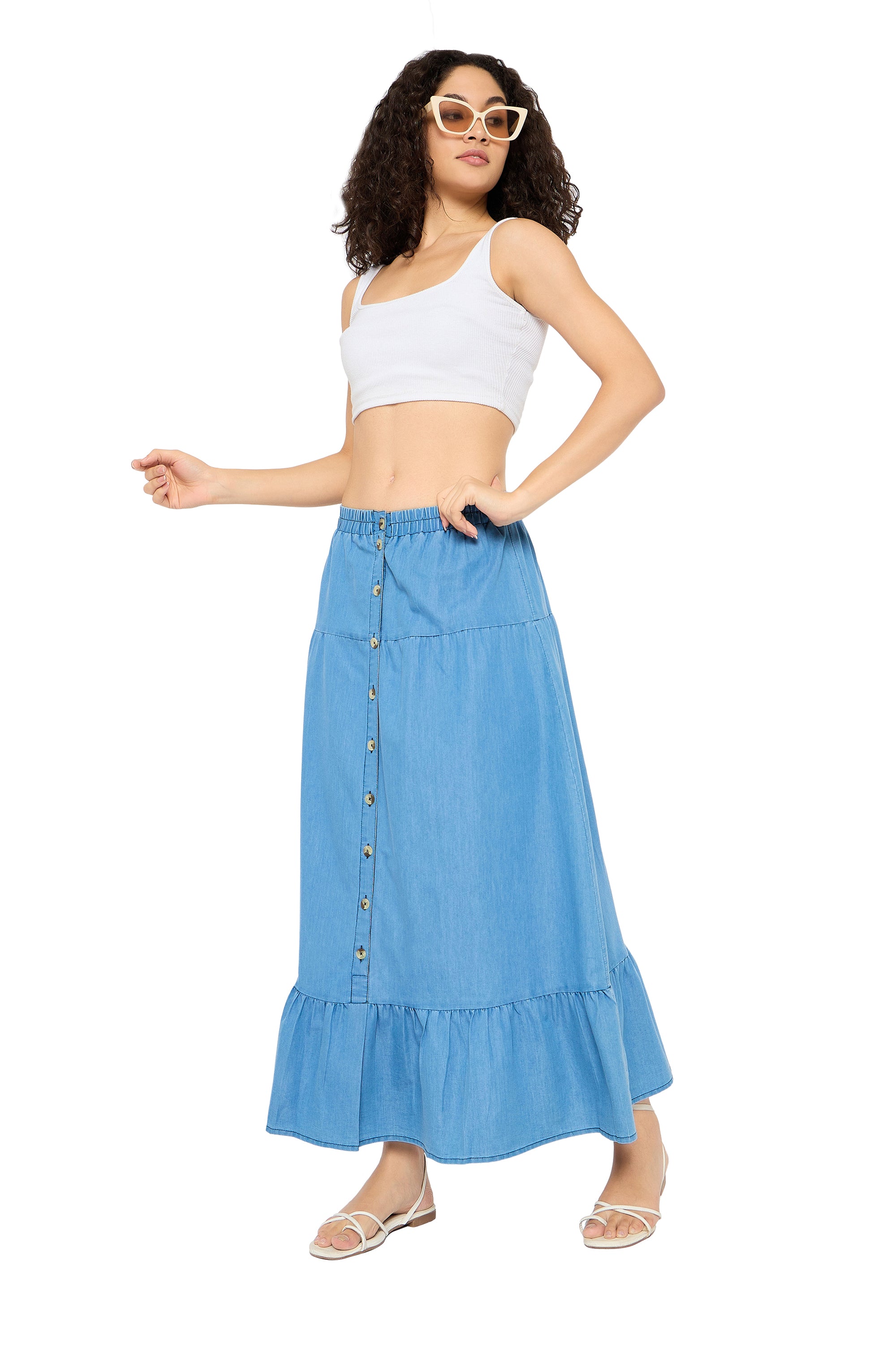 Sky Blue Elastic Waist Denim Long Skirt for Women