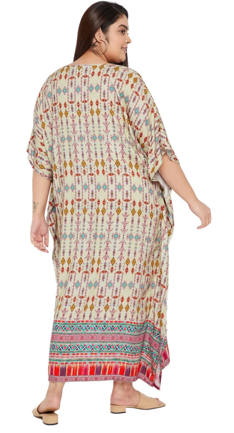 GypsieBlu Beige Rayon Plus Size Kaftan for Women Kimono Sleeve 1X-3X - Tribal Diamond Ombre Border Print
