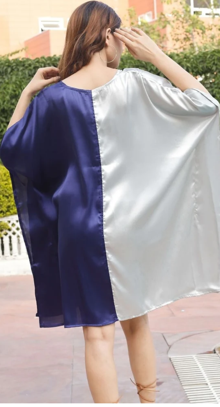 White & Navy Colorblock Satin Plus Size Tunic for Women 1X-3X 3/4 Sleeve V Neck | GypsieBlu