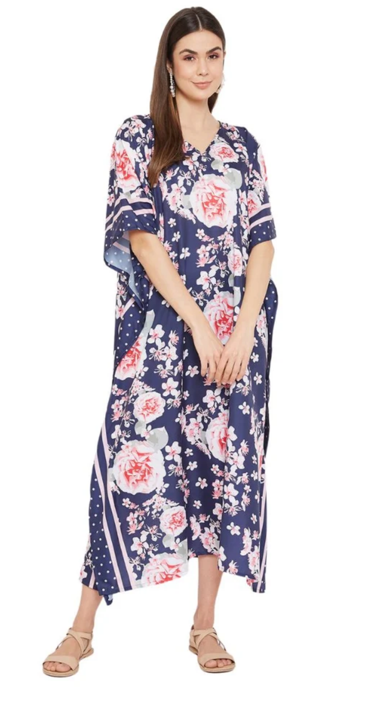 Blue Rose Floral Polyester Plus Size Kaftan for Women 1X-3X | GypsieBlu