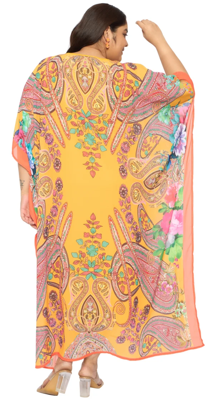 GypsieBlu Yellow Georgette Kaftan for Women Kimono Sleeve Missy-Size - Ornate Paisley Floral Border Print
