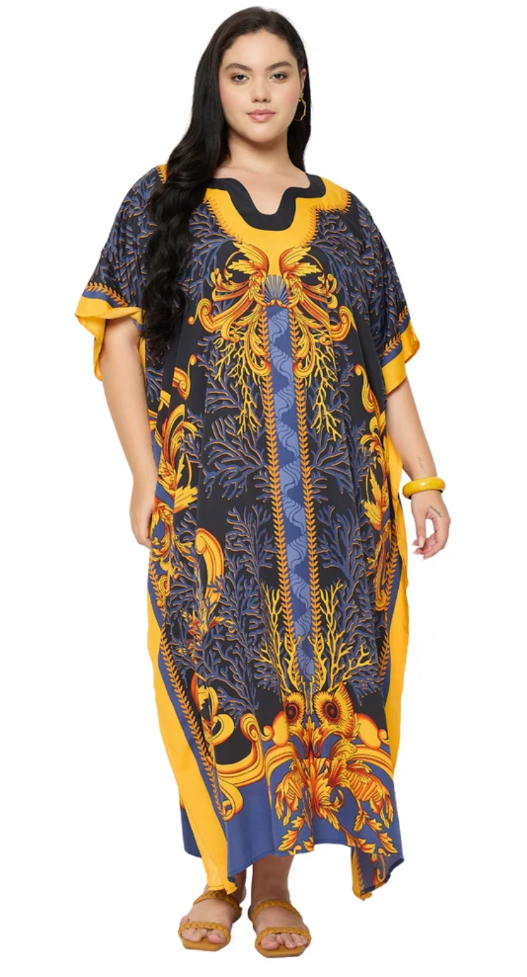 Black Ornate Baroque Polyester Plus Size Kaftan for Women 1X-3X | GypsieBlu
