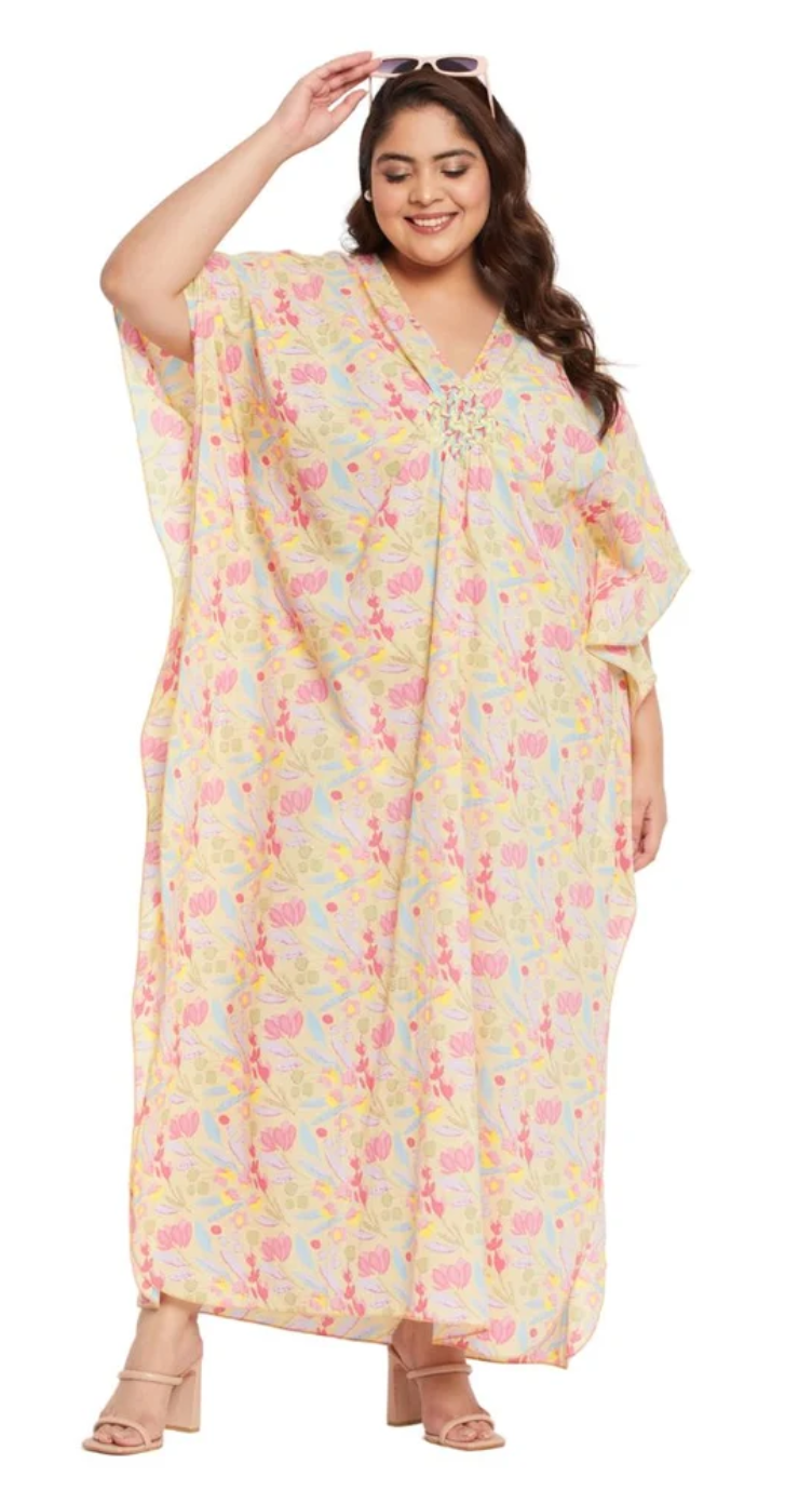 GypsieBlu Yellow Plus Size Cotton Kaftan Dress for Women 3/4 Sleeve 1X-3X