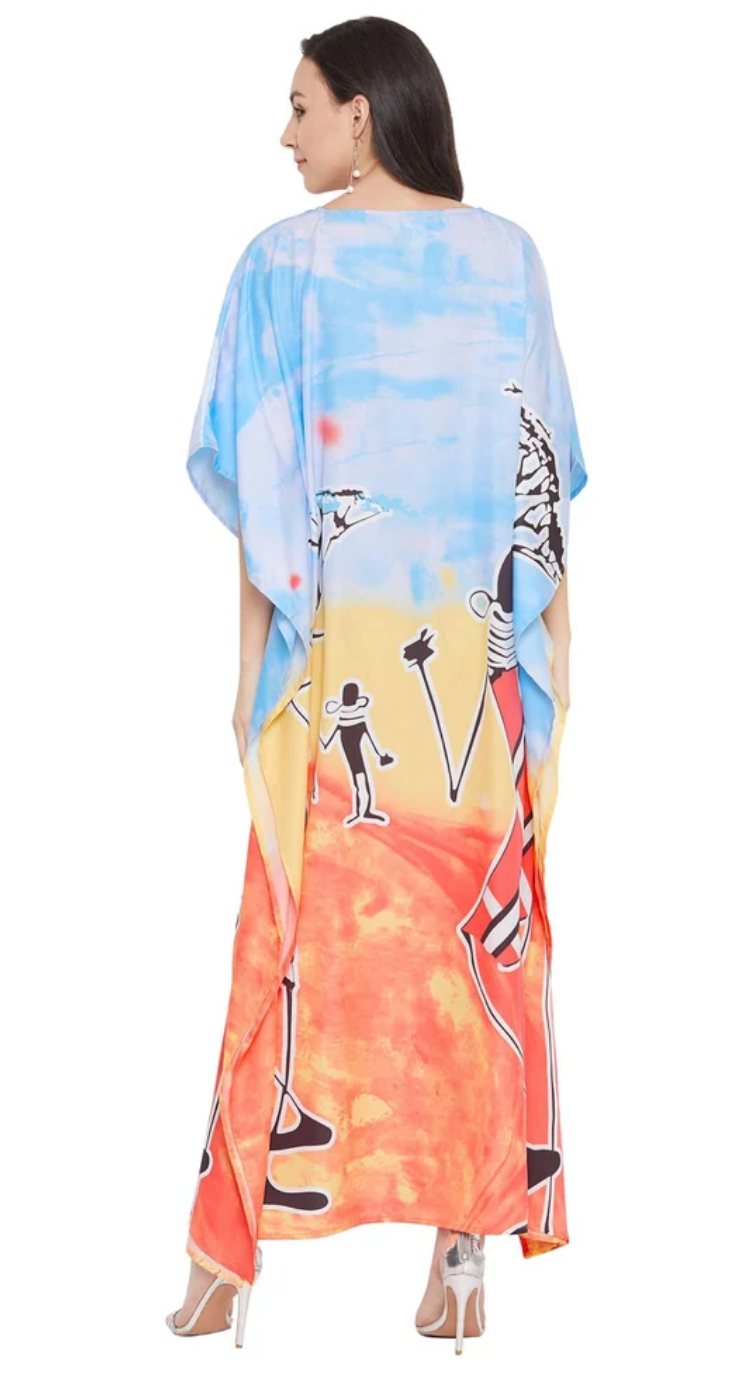 Blue Tribal Figures Polyester Plus Size Kaftan for Women 1X-3X | GypsieBlu