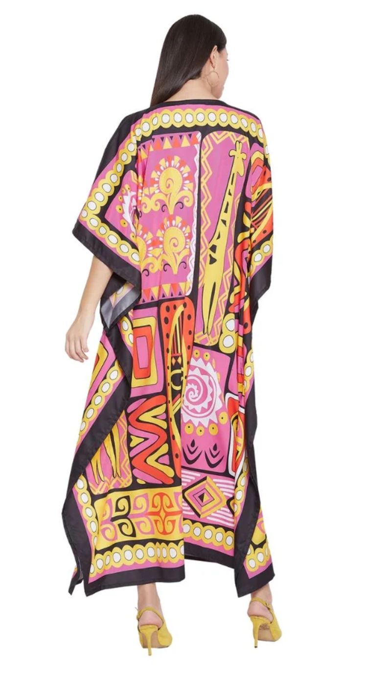 GypsieBlu Pink & Yellow Polyester Plus Size Kaftan for Women Kimono Sleeve 1X-3X - Giraffe Tribal Geometric Motif Print