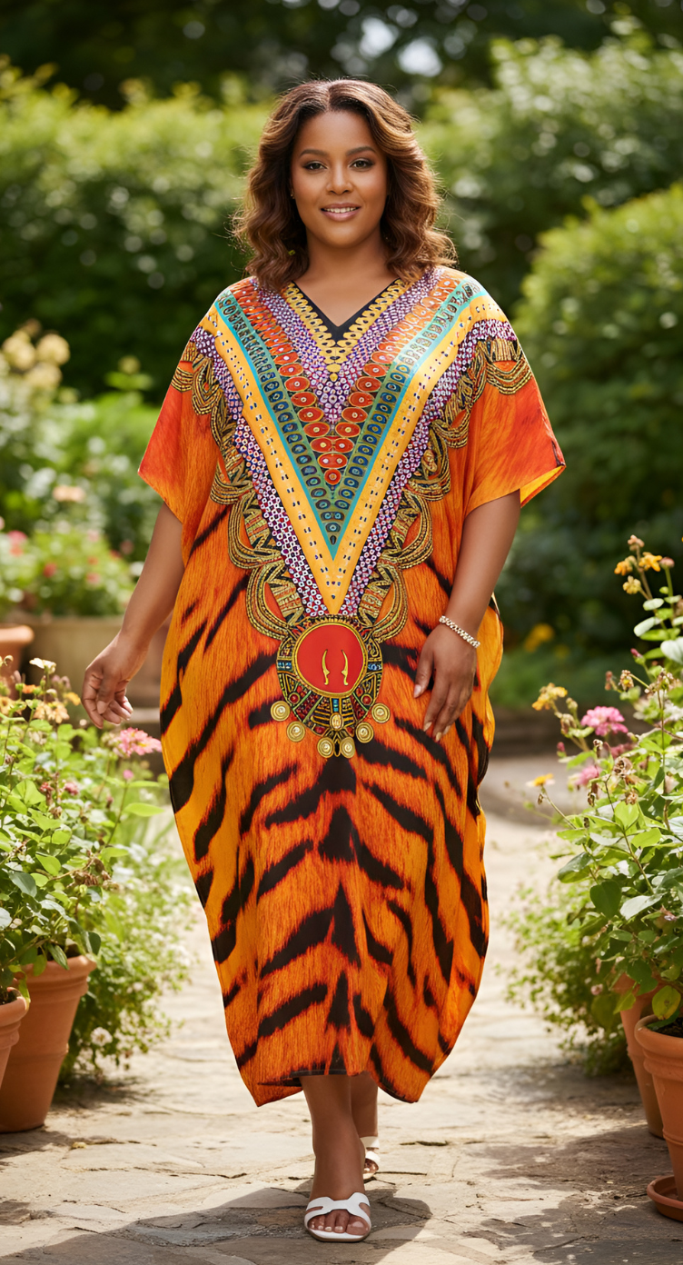 Animal Orange Polyester Women Plus Size Kaftan Dress