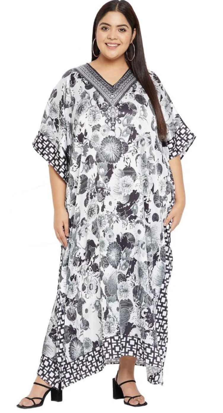 White Monochrome Floral Satin Plus Size Kaftan Dress for Women 1X-3X 3/4 Sleeve | GypsieBlu