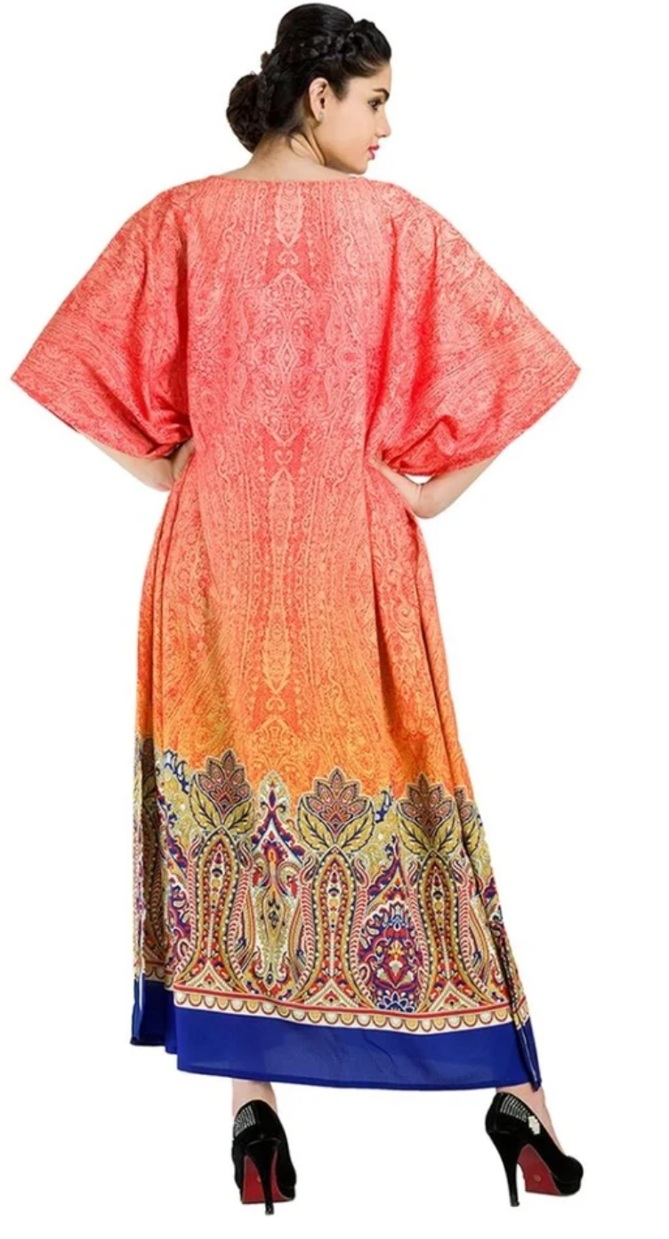 Orange Paisley Damask Polyester Plus Size Kaftan for Women 1X-3X | GypsieBlu