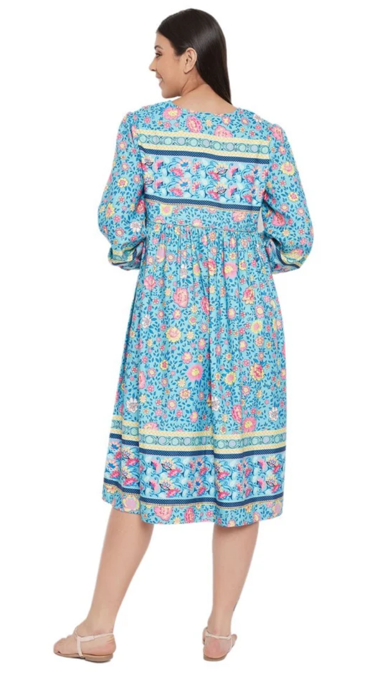Turquoise Floral Cotton Dress for Women S-L Long Sleeve Tie Bow Neck | GypsieBlu