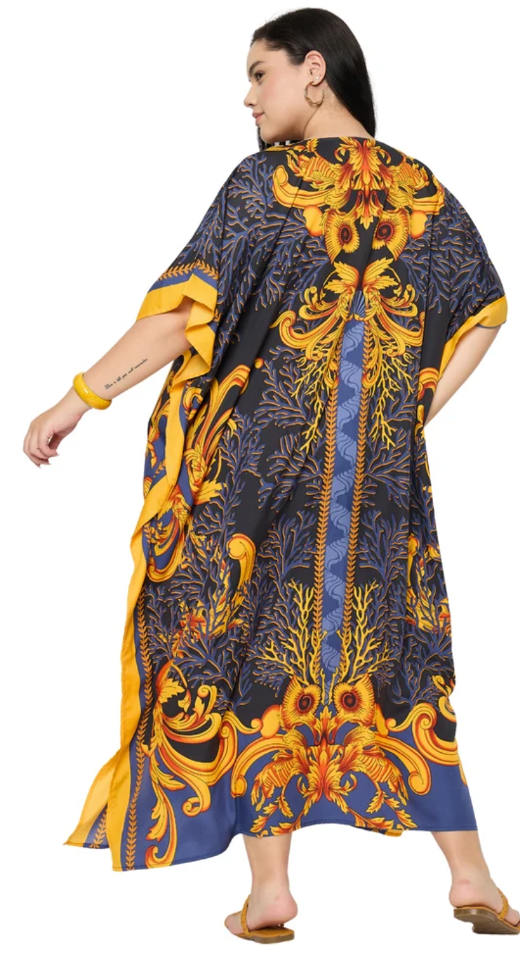 Black Ornate Baroque Polyester Plus Size Kaftan for Women 1X-3X | GypsieBlu