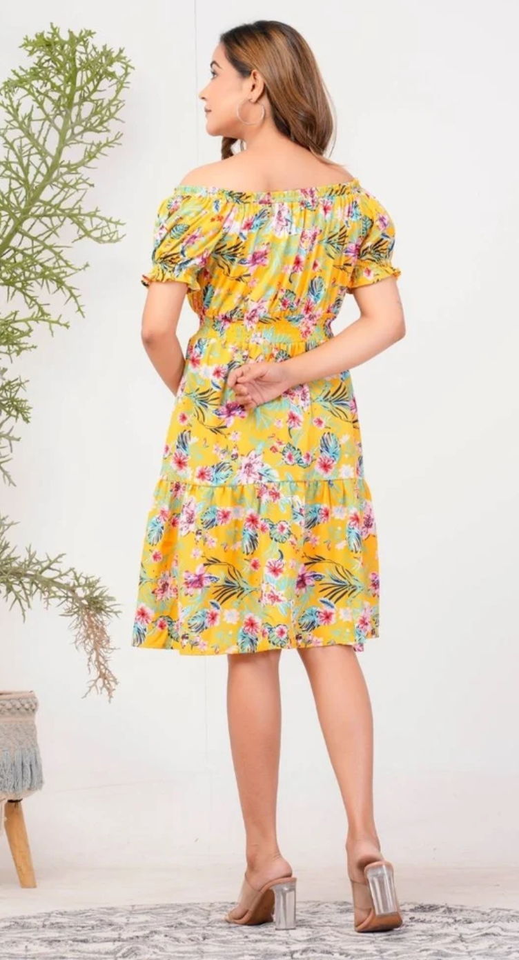 Yellow Floral Polyester Dress for Women S-XL Short Sleeve | GypsieBlu