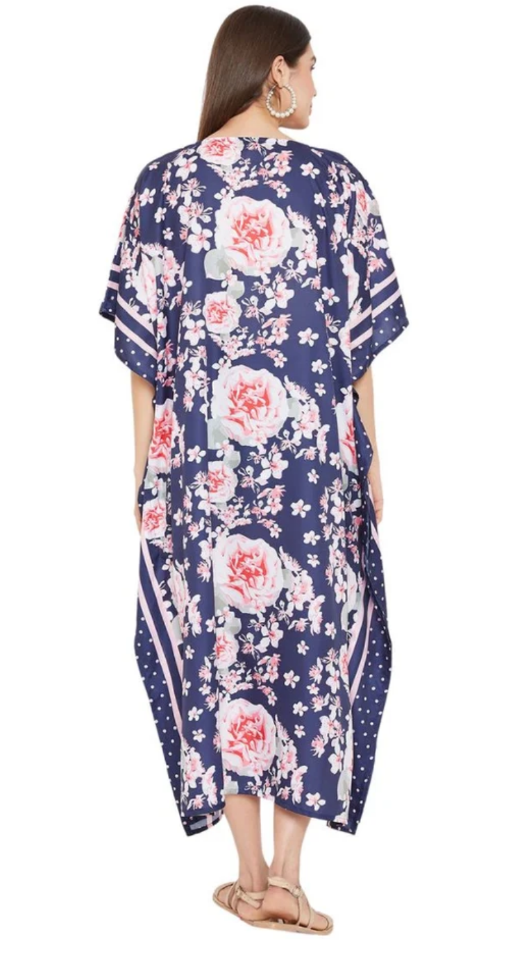 Blue Rose Floral Polyester Plus Size Kaftan for Women 1X-3X | GypsieBlu