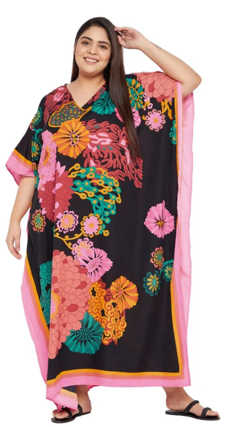 Black Floral Bouquet Polyester Plus Size Kaftan for Women 1X-3X | GypsieBlu
