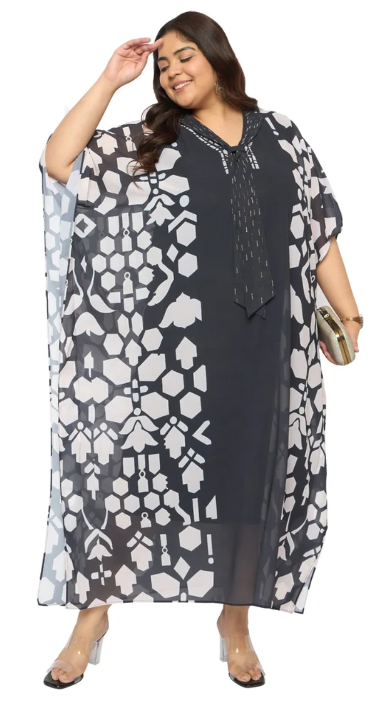 Black Geometric Hexagon Georgette Plus Size Kaftan for Women 1X-3X | GypsieBlu