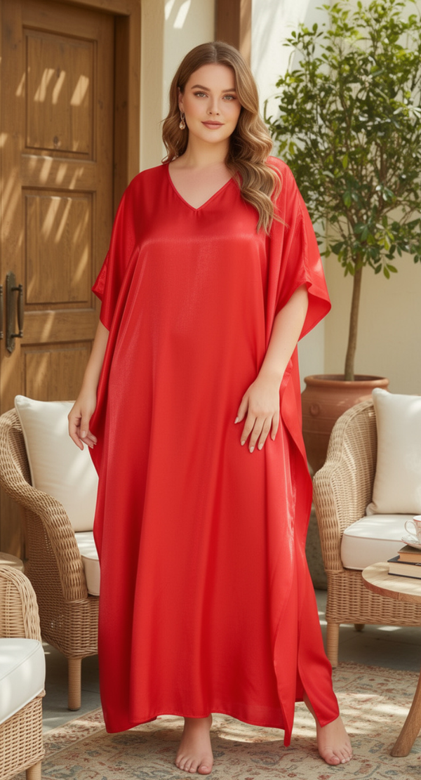 Red Satin Plus Size Kaftan Dress for Women 1X-3X 3/4 Sleeve V Neck | GypsieBlu