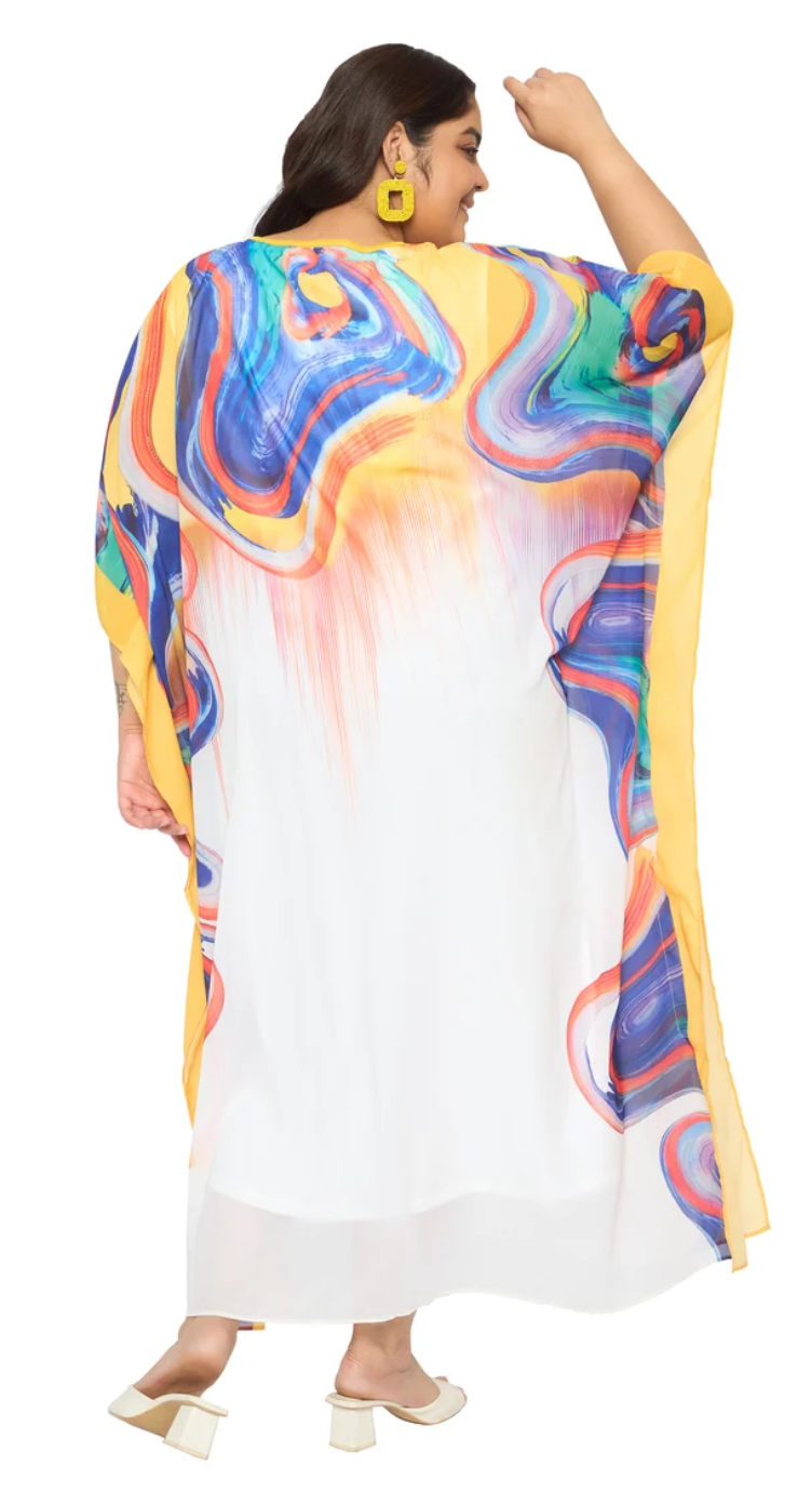 GypsieBlu Multicolor Georgette Kaftan for Women Kimono Sleeve Missy-Size - Marble Agate Swirl Print
